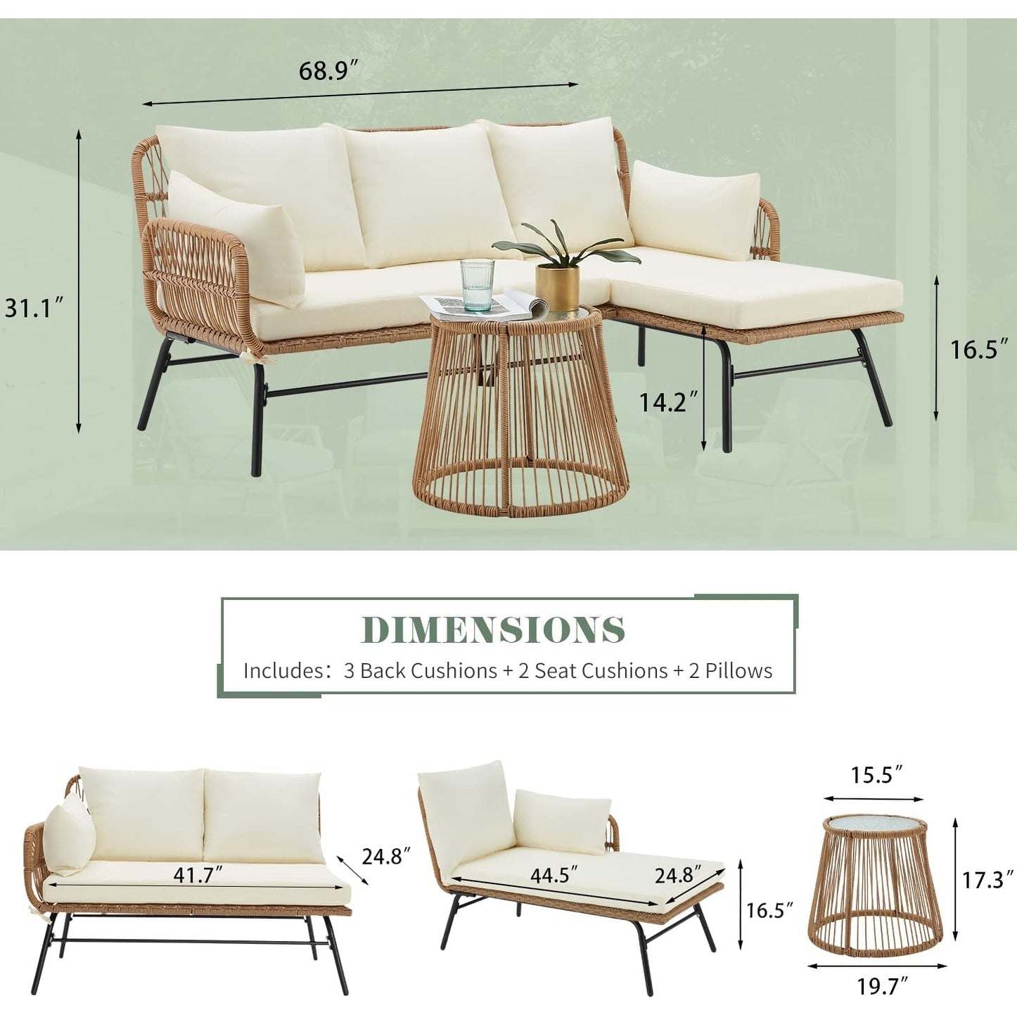 Ensemble de salon de jardin 3 pièces EROMMY avec table en verre, 2 fauteuils et coussins d'assise
