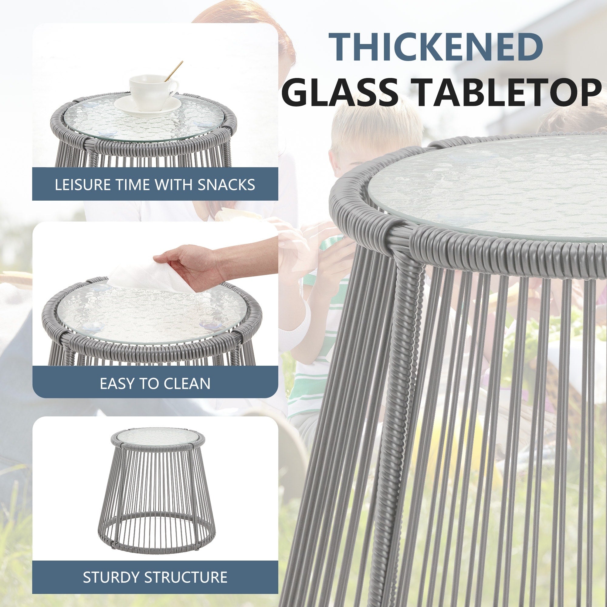 Ensemble de salon de jardin 3 pièces EROMMY avec table en verre, 2 fauteuils et coussins d'assise