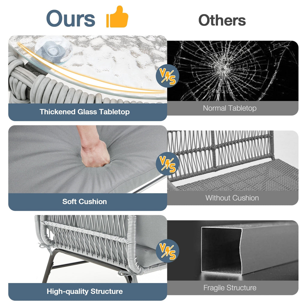 Ensemble de salon de jardin 3 pièces EROMMY avec table en verre, 2 fauteuils et coussins d'assise