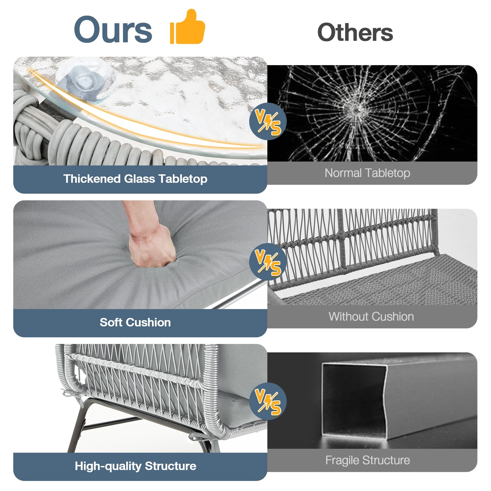 Ensemble de salon de jardin 3 pièces EROMMY avec table en verre, 2 fauteuils et coussins d'assise