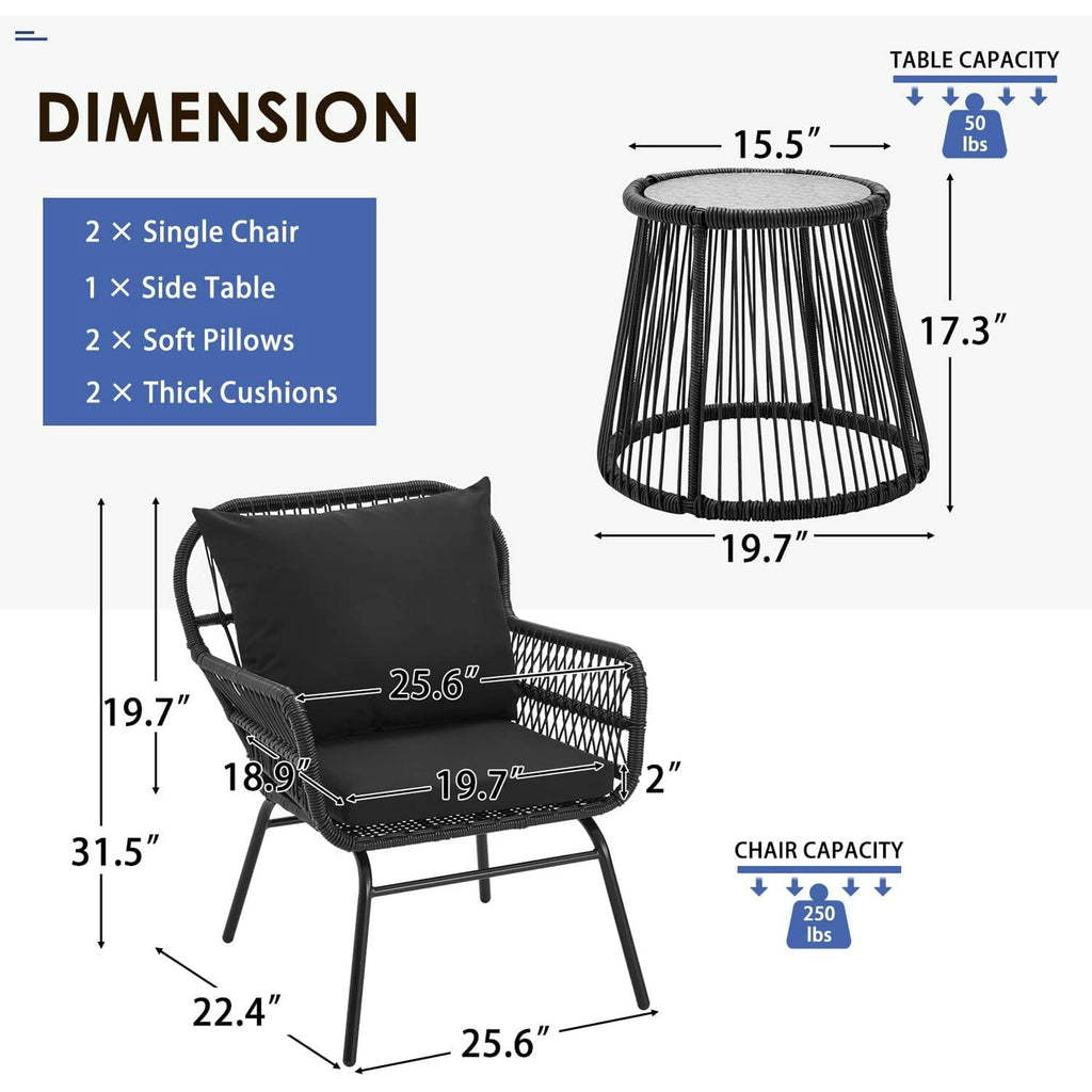 Ensemble de salon de jardin 3 pièces EROMMY avec table en verre, 2 fauteuils et coussins d'assise