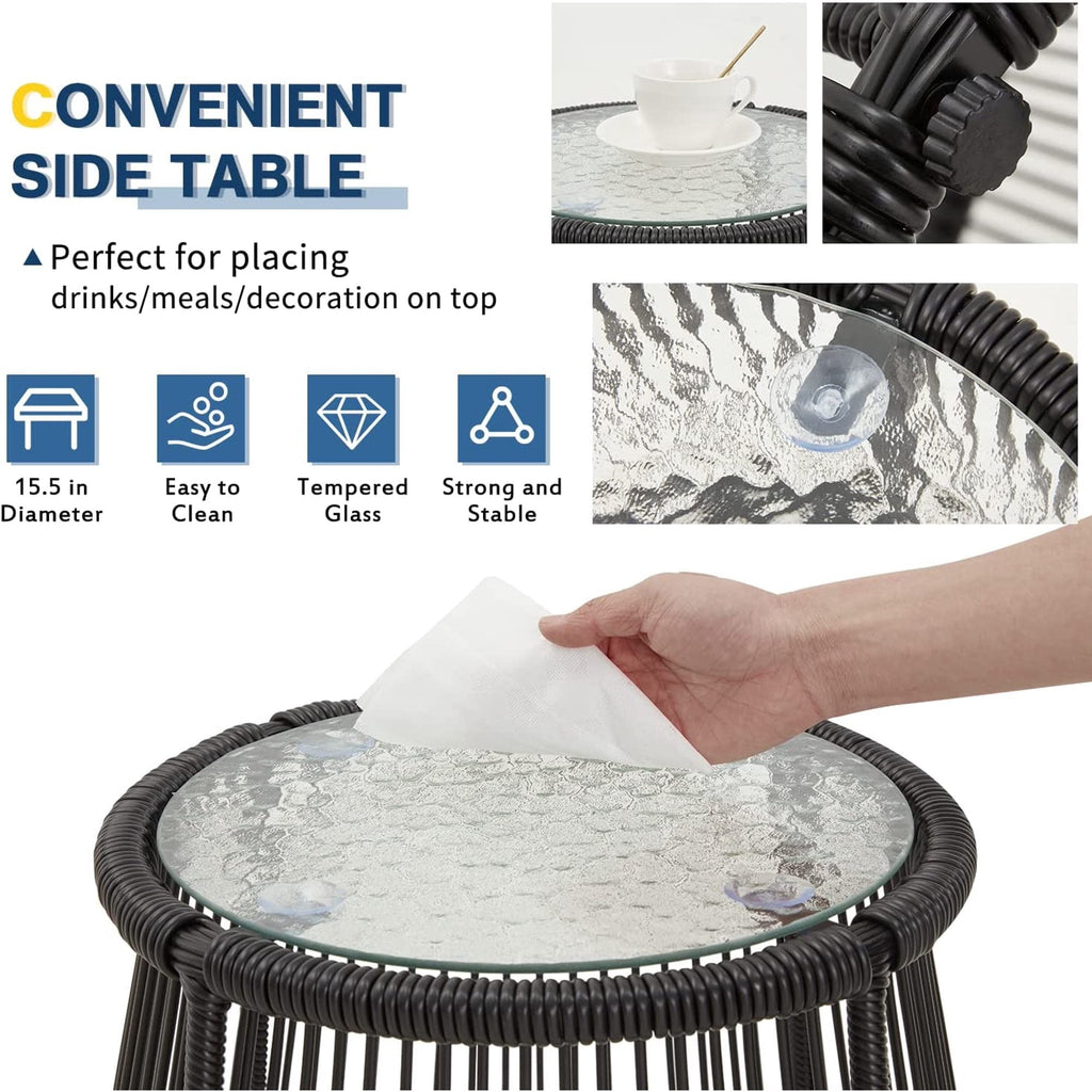 Ensemble de salon de jardin 3 pièces EROMMY avec table en verre, 2 fauteuils et coussins d'assise