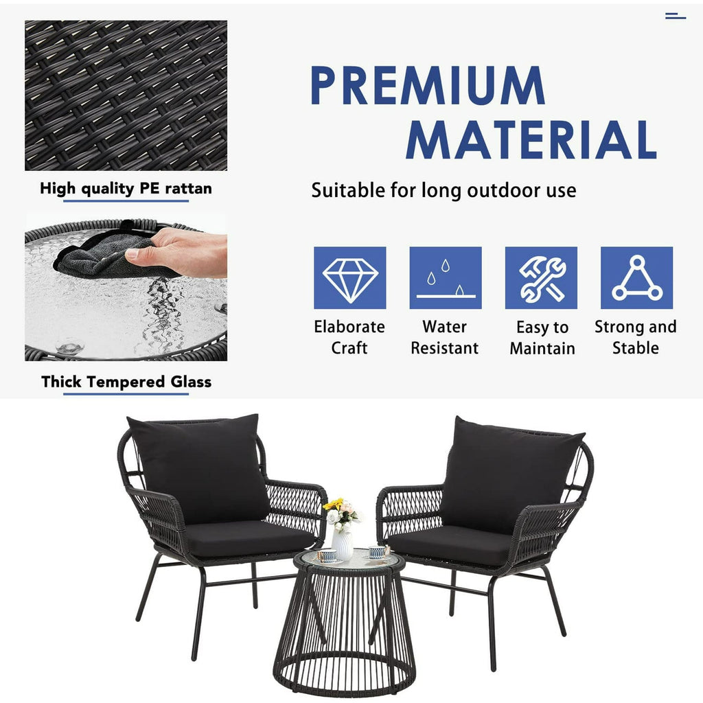 Ensemble de salon de jardin 3 pièces EROMMY avec table en verre, 2 fauteuils et coussins d'assise