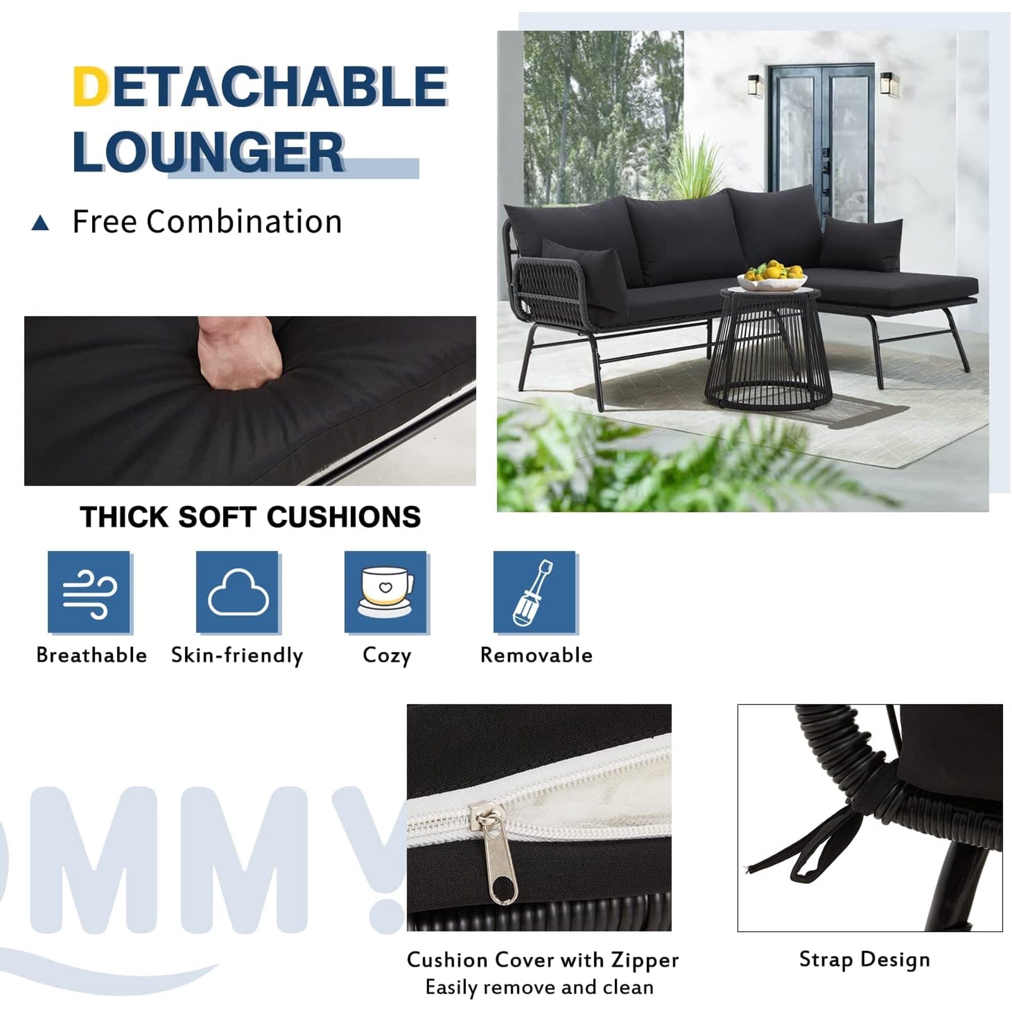 Ensemble de salon de jardin 3 pièces EROMMY avec table en verre, 2 fauteuils et coussins d'assise