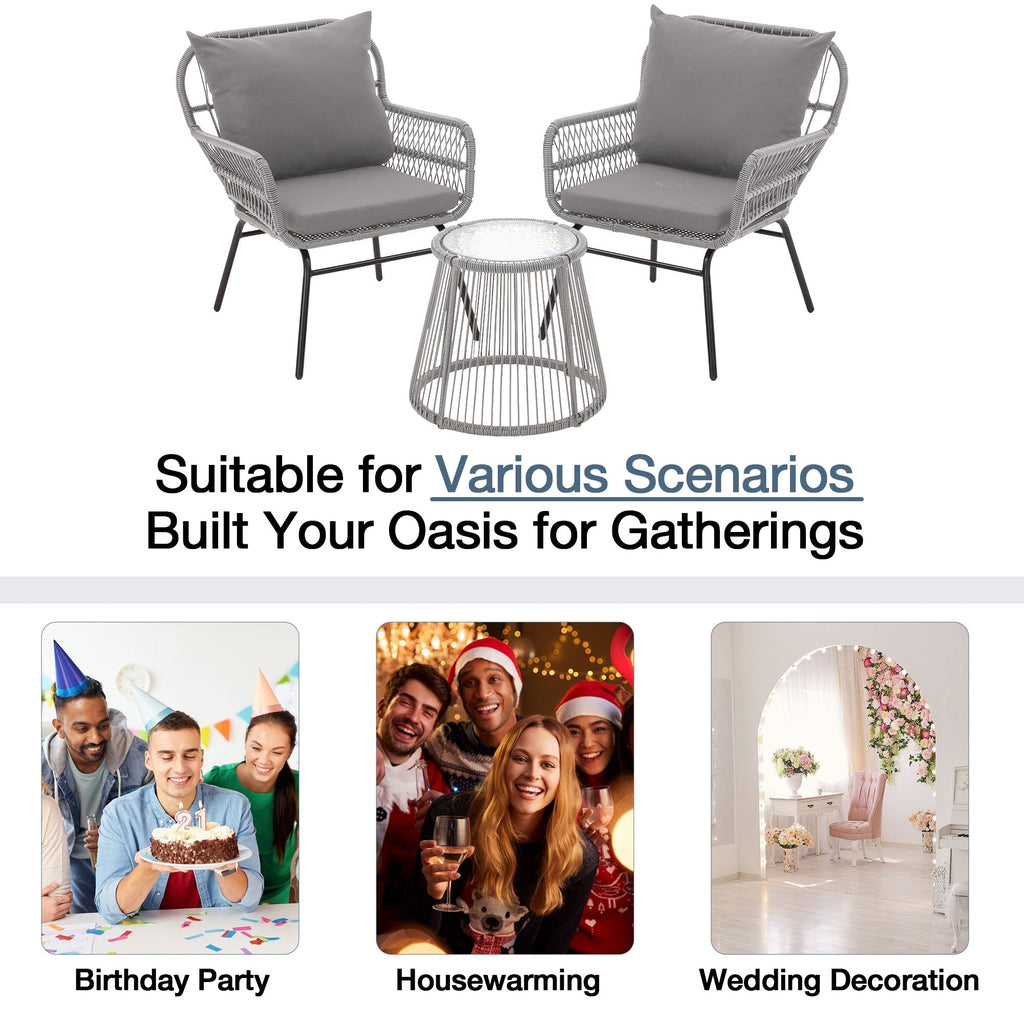 Ensemble de salon de jardin 3 pièces EROMMY avec table en verre, 2 fauteuils et coussins d'assise