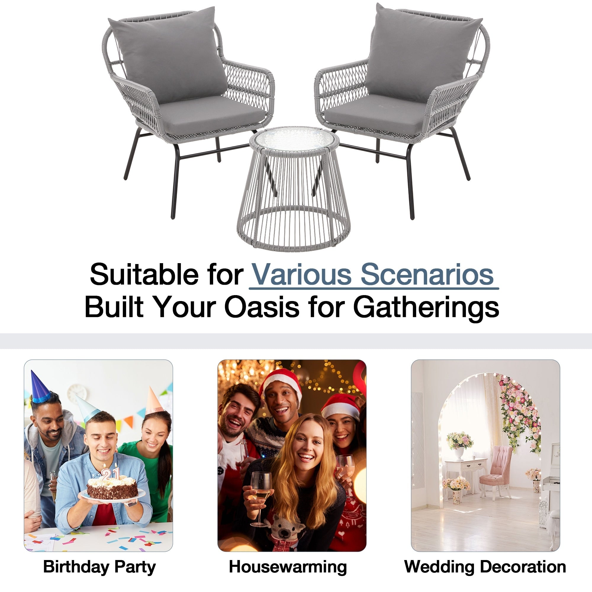 Ensemble de salon de jardin 3 pièces EROMMY avec table en verre, 2 fauteuils et coussins d'assise