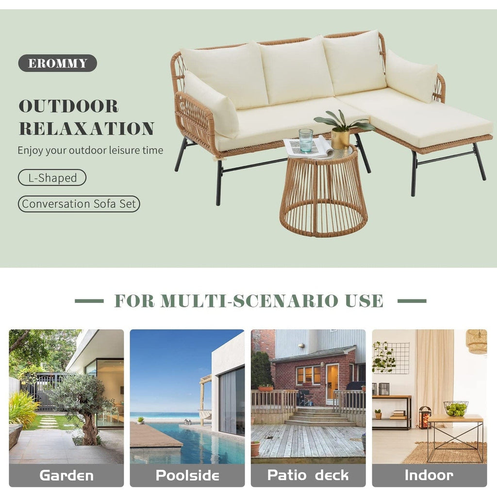 Ensemble de salon de jardin 3 pièces EROMMY avec table en verre, 2 fauteuils et coussins d'assise