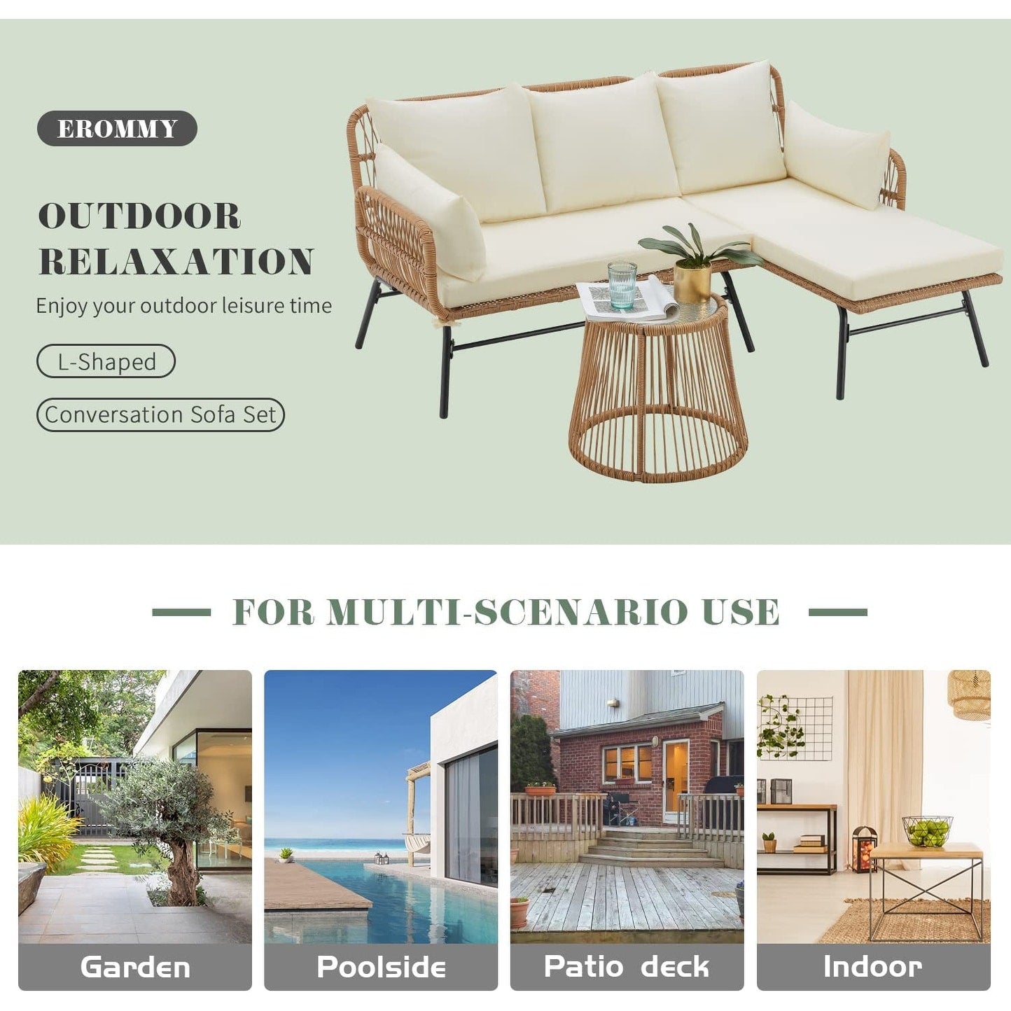 Ensemble de salon de jardin 3 pièces EROMMY avec table en verre, 2 fauteuils et coussins d'assise