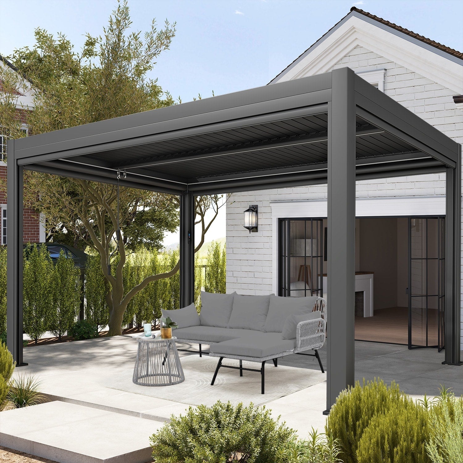 Ensemble de salon de jardin 3 pièces EROMMY avec table en verre, 2 fauteuils et coussins d'assise