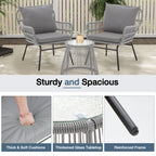 Ensemble de salon de jardin 3 pièces EROMMY avec table en verre, 2 fauteuils et coussins d'assise