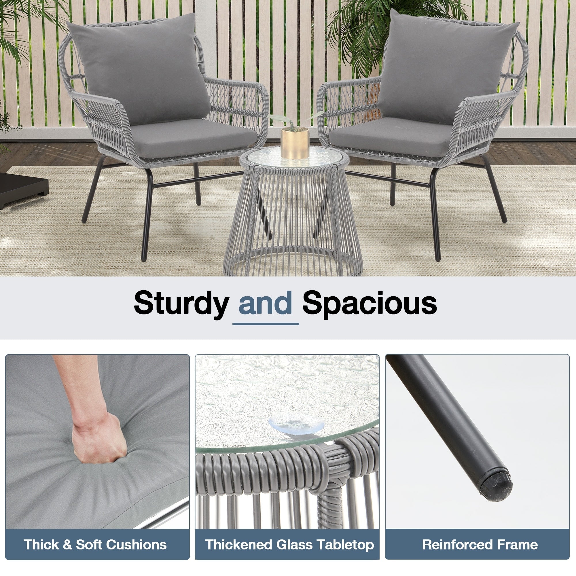 Ensemble de salon de jardin 3 pièces EROMMY avec table en verre, 2 fauteuils et coussins d'assise