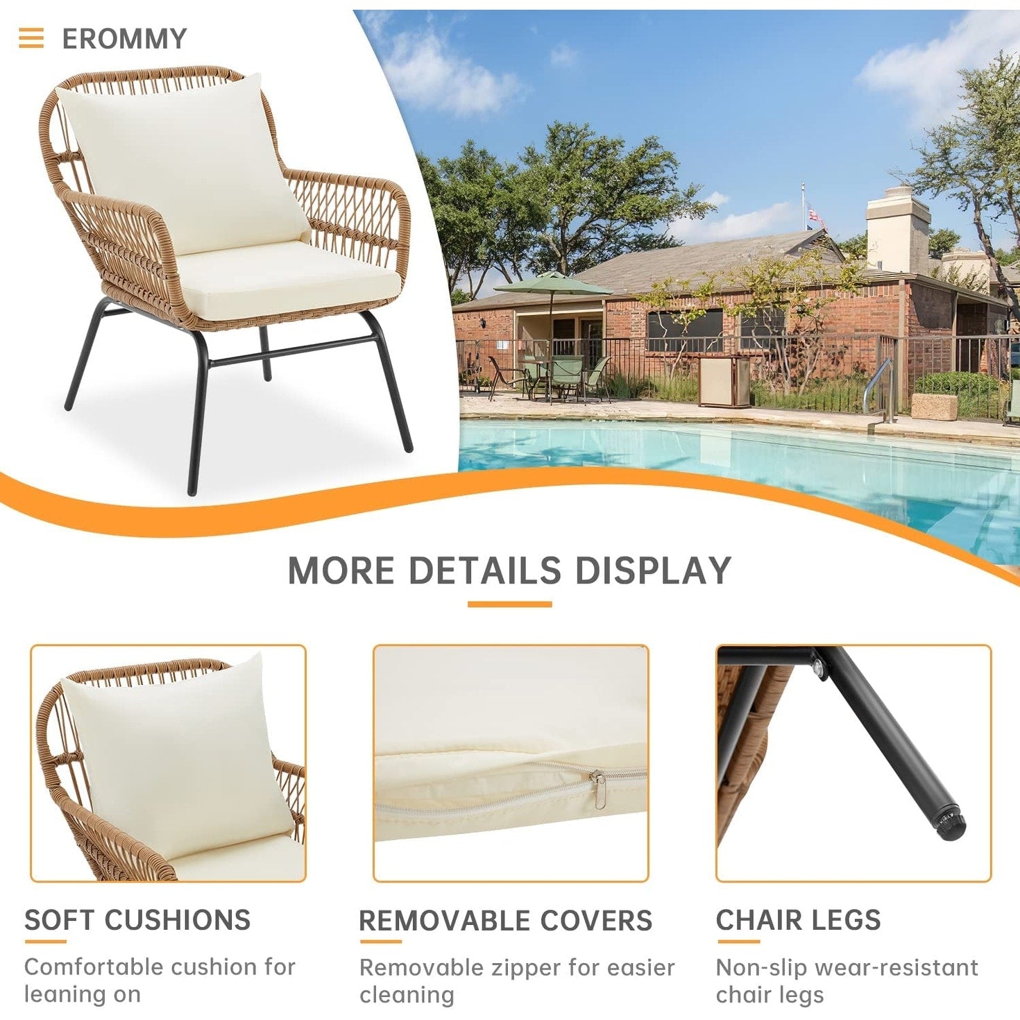 Ensemble de salon de jardin 3 pièces EROMMY avec table en verre, 2 fauteuils et coussins d'assise