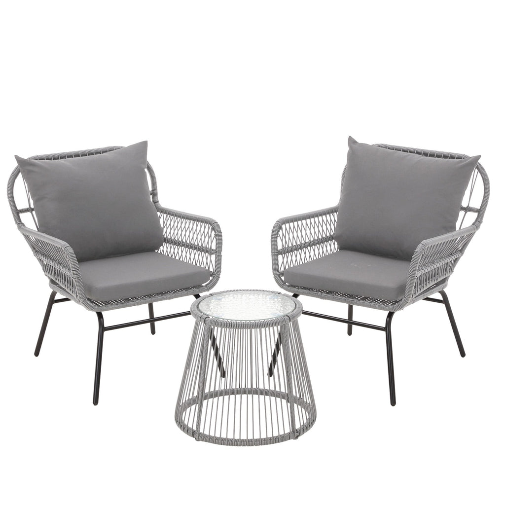 Ensemble de salon de jardin 3 pièces EROMMY avec table en verre, 2 fauteuils et coussins d'assise