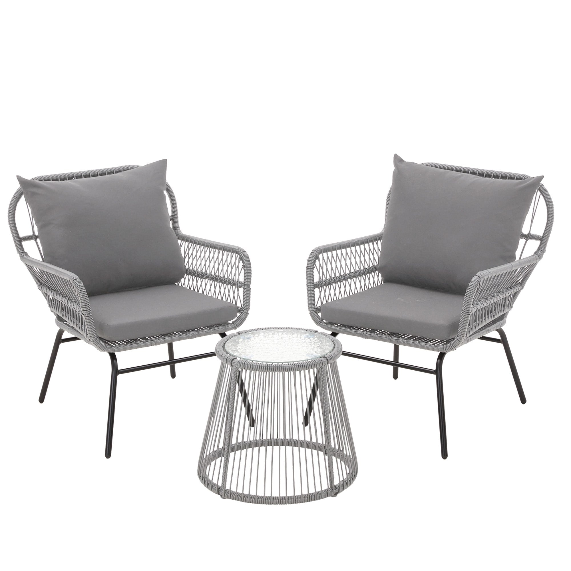 Ensemble de salon de jardin 3 pièces EROMMY avec table en verre, 2 fauteuils et coussins d'assise