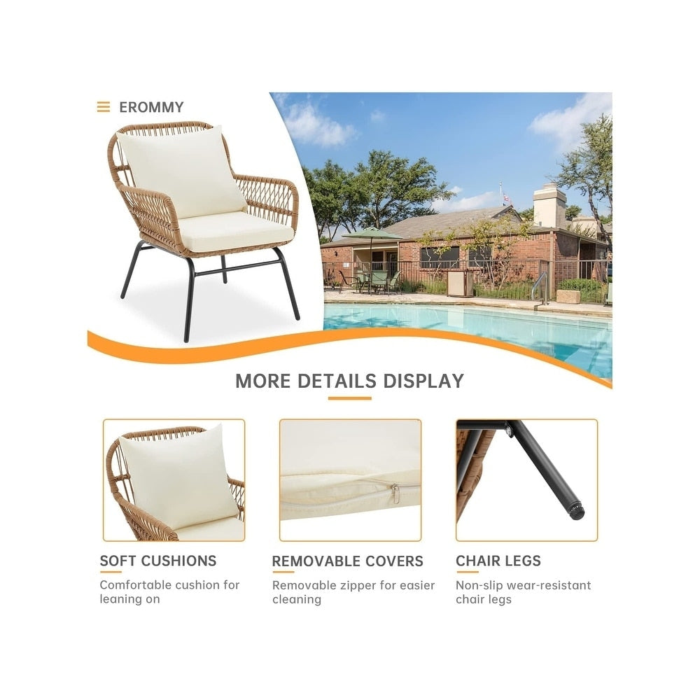 Ensemble de salon de jardin 3 pièces EROMMY avec table en verre, 2 fauteuils et coussins d'assise