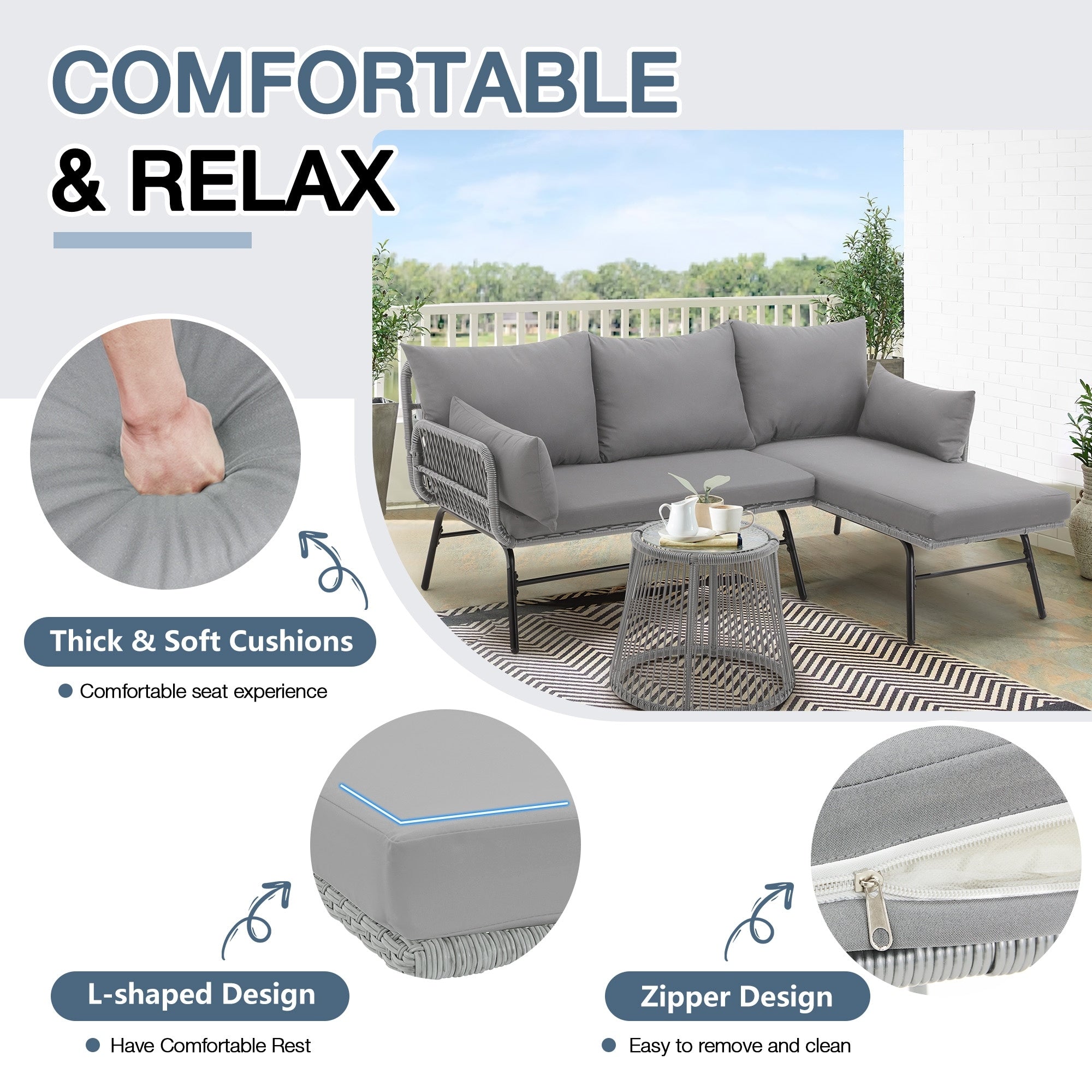 Ensemble de salon de jardin 3 pièces EROMMY avec table en verre, 2 fauteuils et coussins d'assise