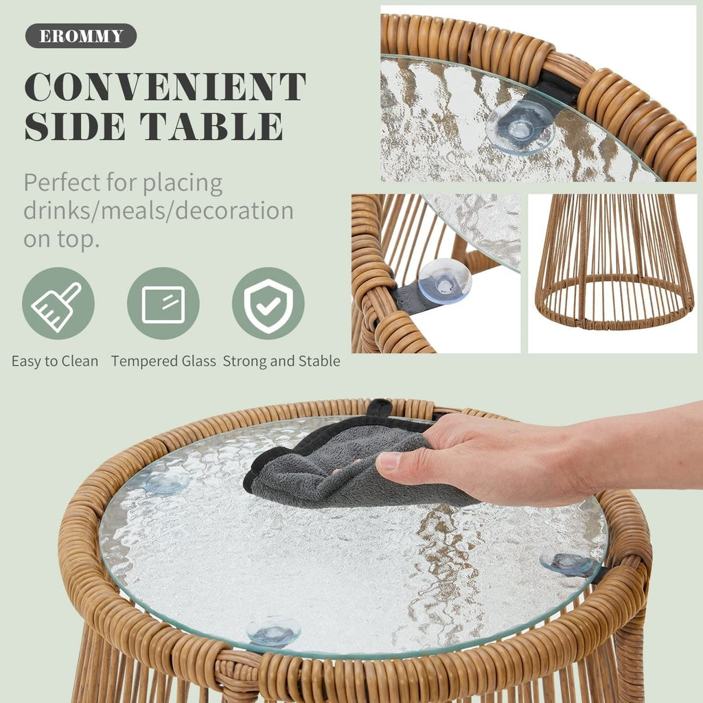 Ensemble de salon de jardin 3 pièces EROMMY avec table en verre, 2 fauteuils et coussins d'assise