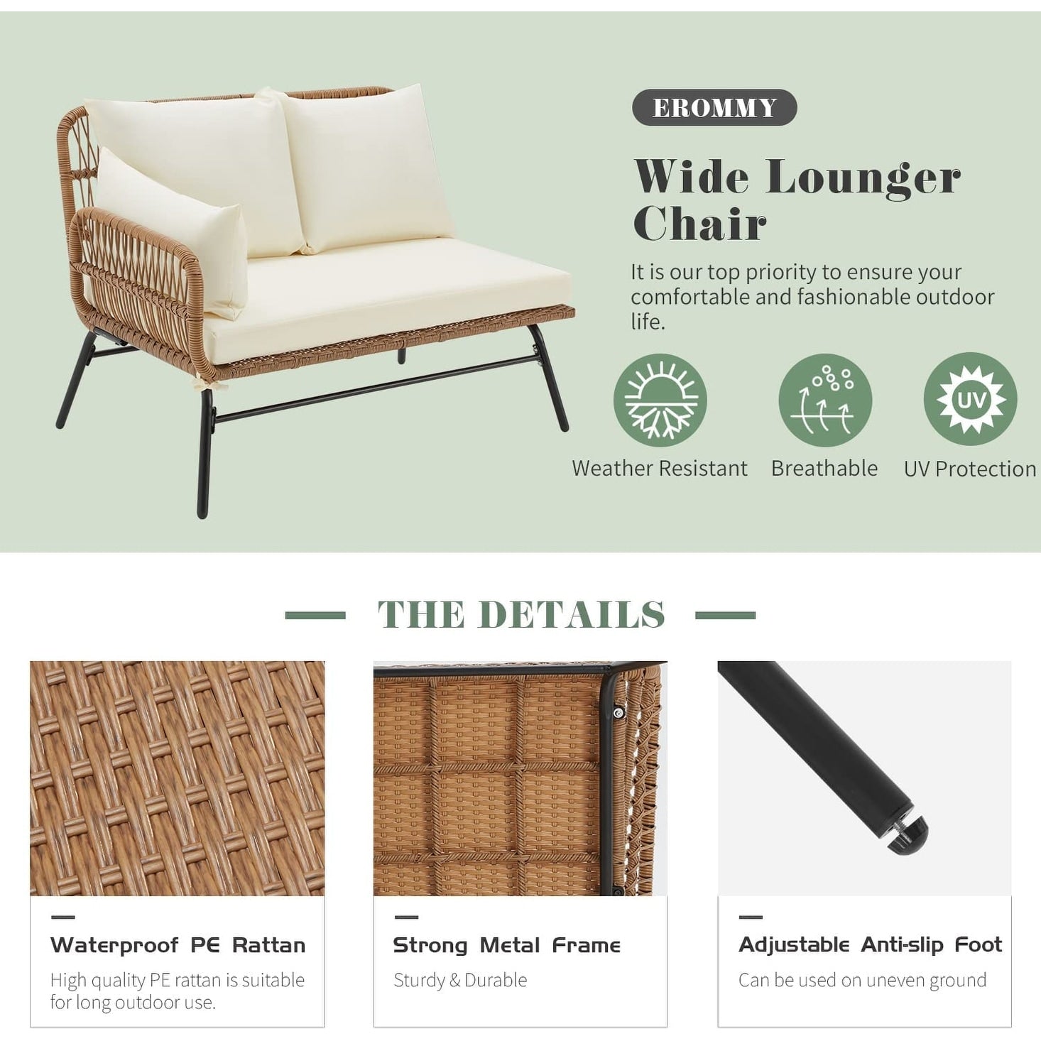 Ensemble de salon de jardin 3 pièces EROMMY avec table en verre, 2 fauteuils et coussins d'assise