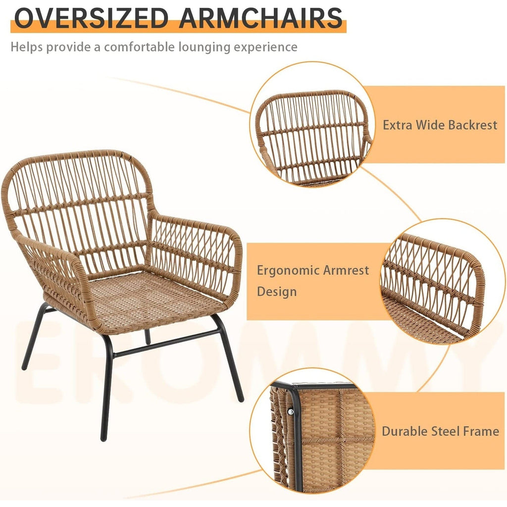 Ensemble de salon de jardin 3 pièces EROMMY avec table en verre, 2 fauteuils et coussins d'assise