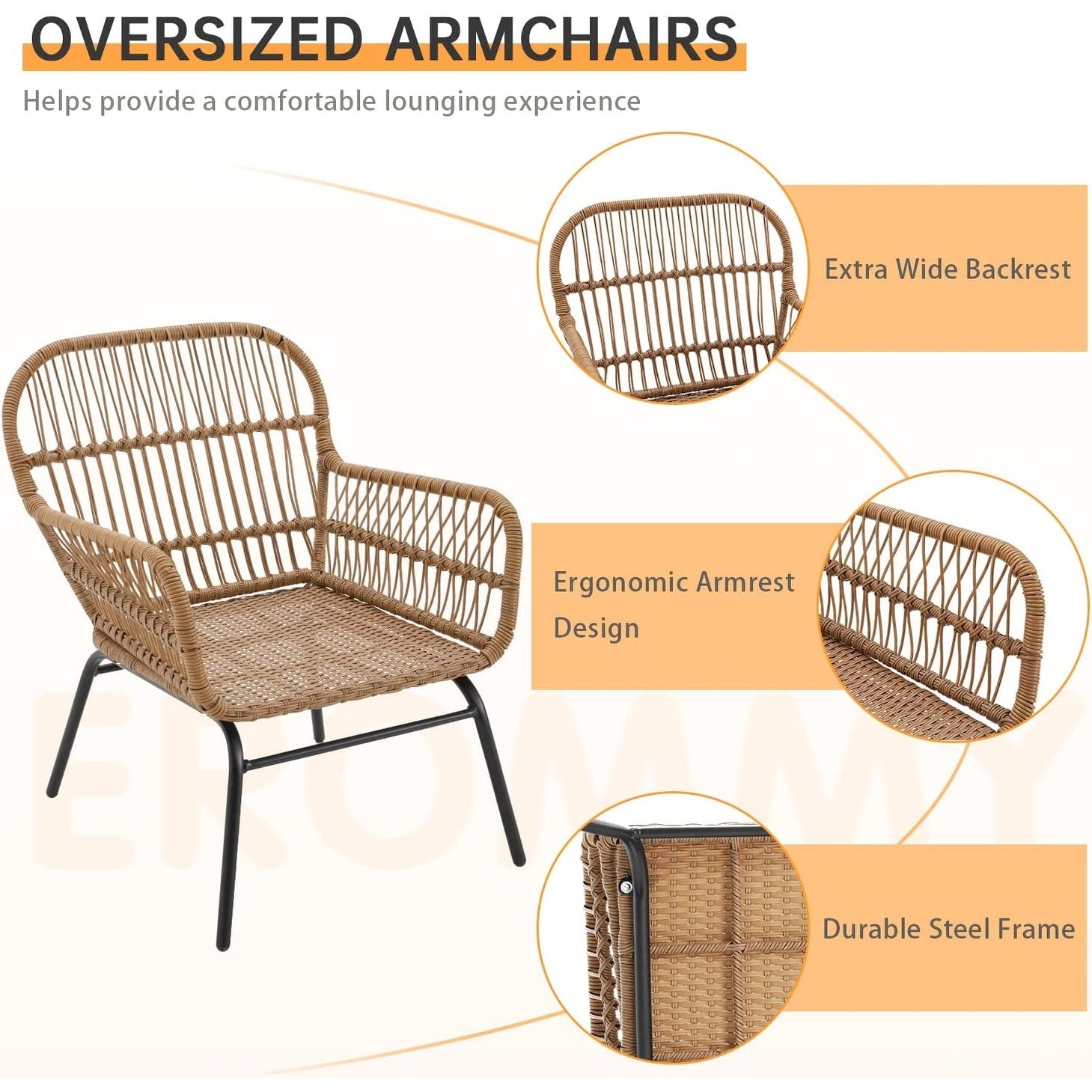 Ensemble de salon de jardin 3 pièces EROMMY avec table en verre, 2 fauteuils et coussins d'assise