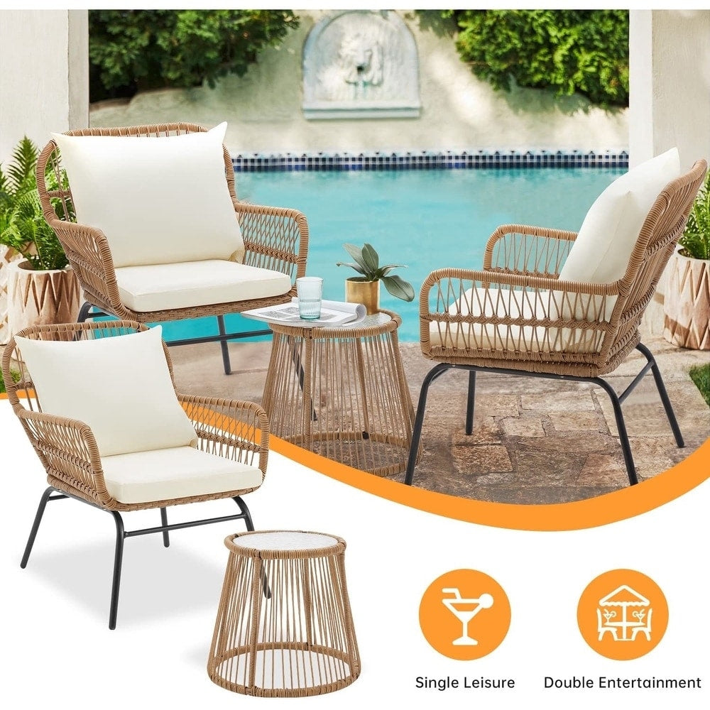 Ensemble de salon de jardin 3 pièces EROMMY avec table en verre, 2 fauteuils et coussins d'assise