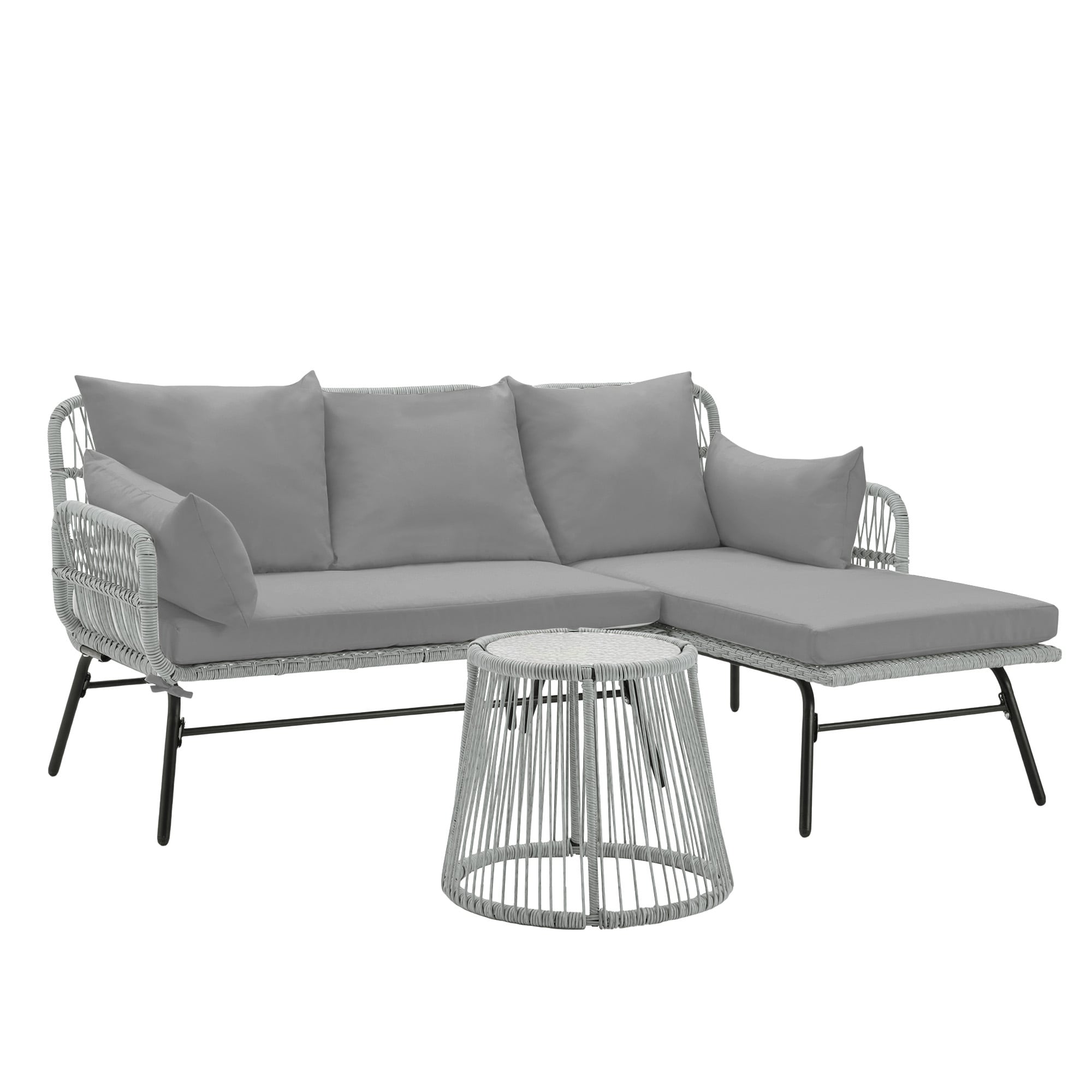 Ensemble de salon de jardin 3 pièces EROMMY avec table en verre, 2 fauteuils et coussins d'assise