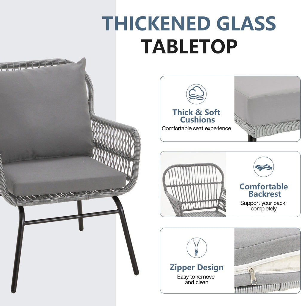 Ensemble de salon de jardin 3 pièces EROMMY avec table en verre, 2 fauteuils et coussins d'assise