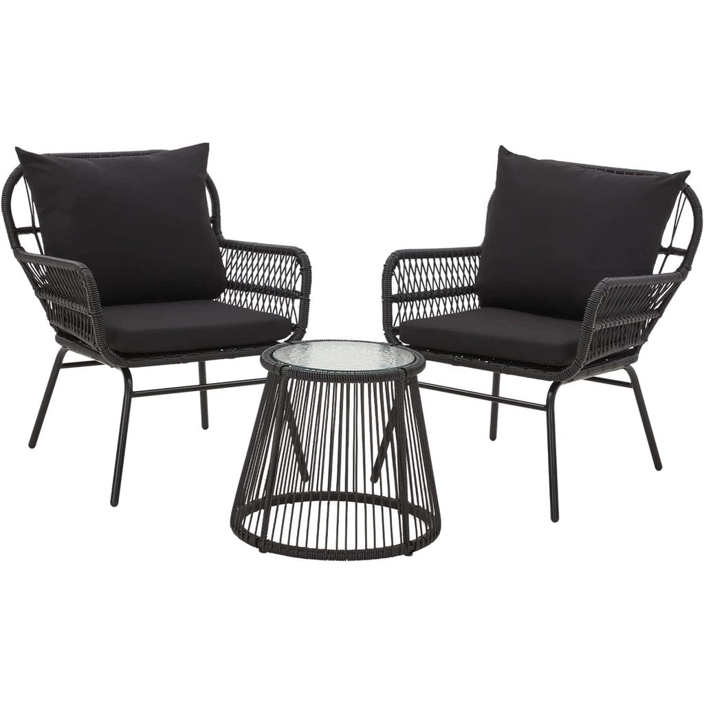 Ensemble de salon de jardin 3 pièces EROMMY avec table en verre, 2 fauteuils et coussins d'assise