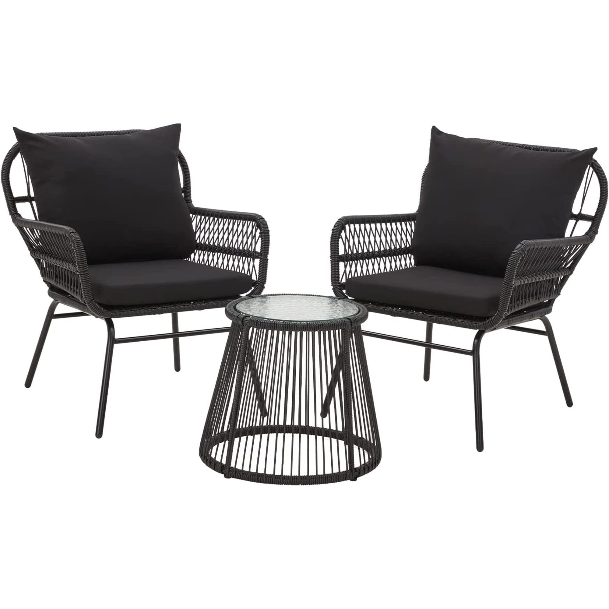 Ensemble de salon de jardin 3 pièces EROMMY avec table en verre, 2 fauteuils et coussins d'assise