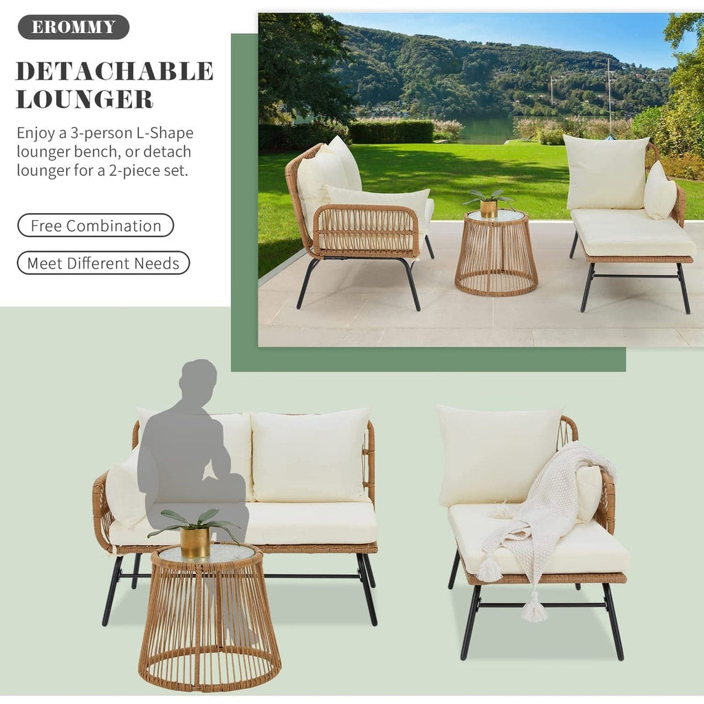 Ensemble de salon de jardin 3 pièces EROMMY avec table en verre, 2 fauteuils et coussins d'assise