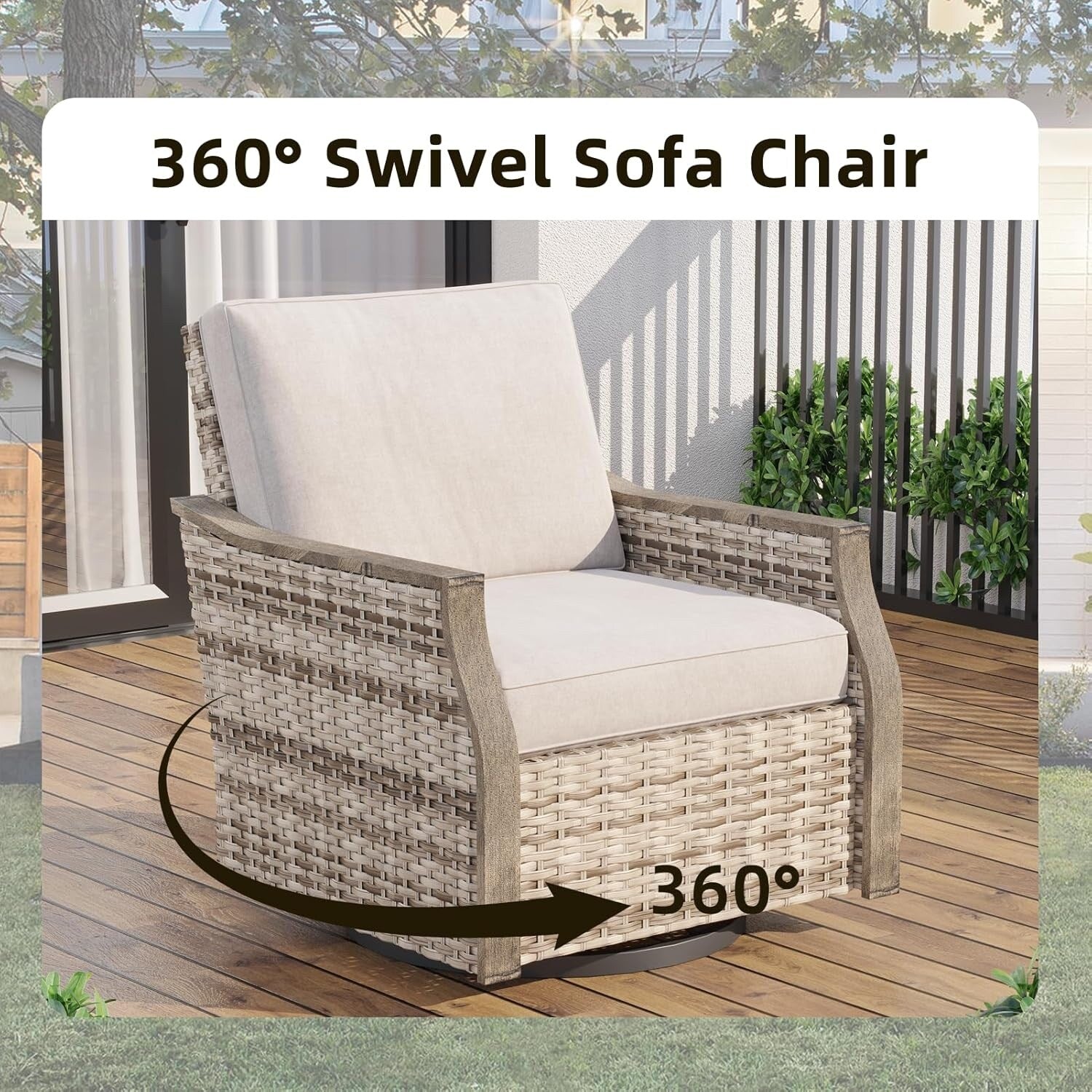 Ensemble de meubles de patio 4 pièces EROMMY avec chaises pivotantes à bascule, ensemble de conversation extérieur en osier avec canapé 3 places et table basse