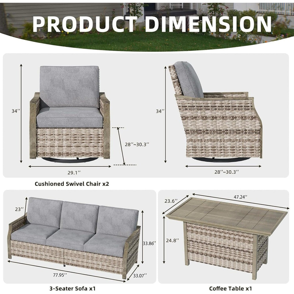 Ensemble de meubles de patio 4 pièces EROMMY avec chaises pivotantes à bascule, ensemble de conversation extérieur en osier avec canapé 3 places et table basse