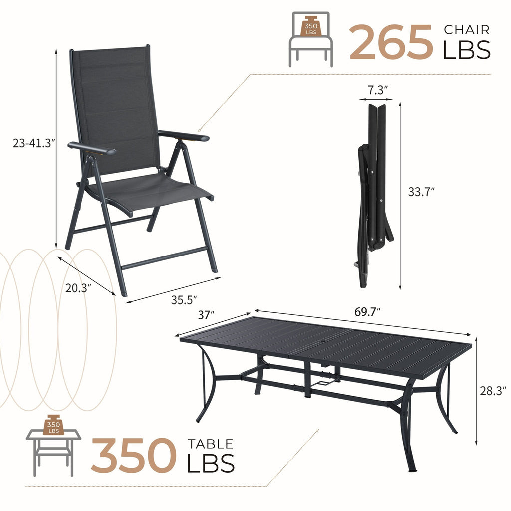 Ensemble de salle à manger de patio 7 pièces EROMMY avec chaises longues pliantes et table en aluminium, mobilier d'extérieur pour jardin, terrasse ou balcon.