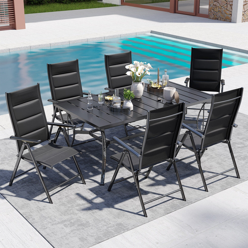 Ensemble de salle à manger de patio 7 pièces EROMMY avec chaises longues pliantes et table en aluminium, mobilier d'extérieur pour jardin, terrasse ou balcon.