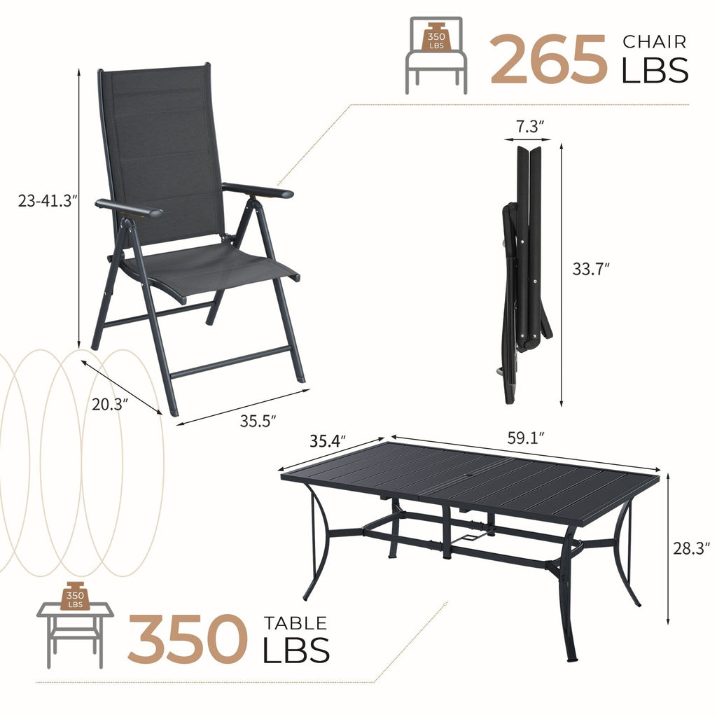 Ensemble de salle à manger de patio 7 pièces EROMMY avec chaises longues pliantes et table en aluminium, mobilier d'extérieur pour jardin, terrasse ou balcon.