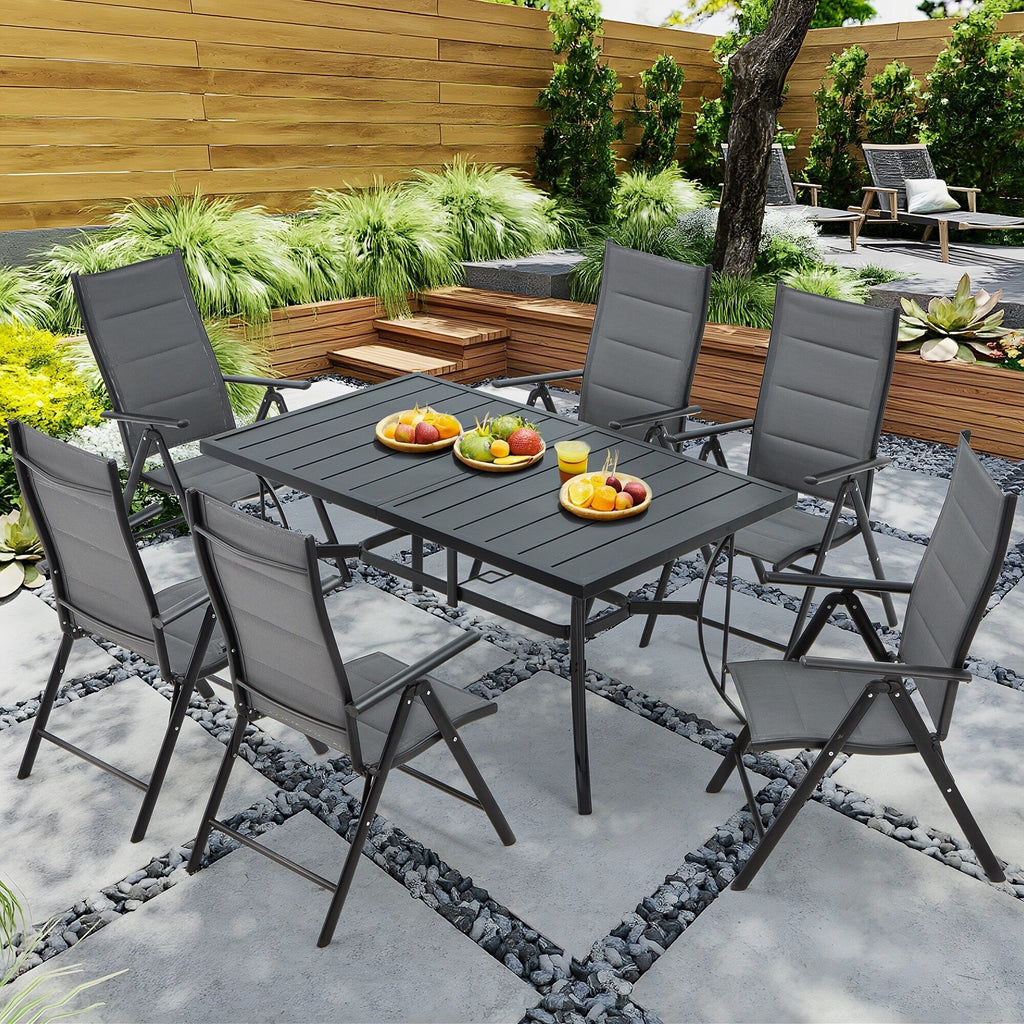 Ensemble de salle à manger de patio 7 pièces EROMMY avec chaises longues pliantes et table en aluminium, mobilier d'extérieur pour jardin, terrasse ou balcon.