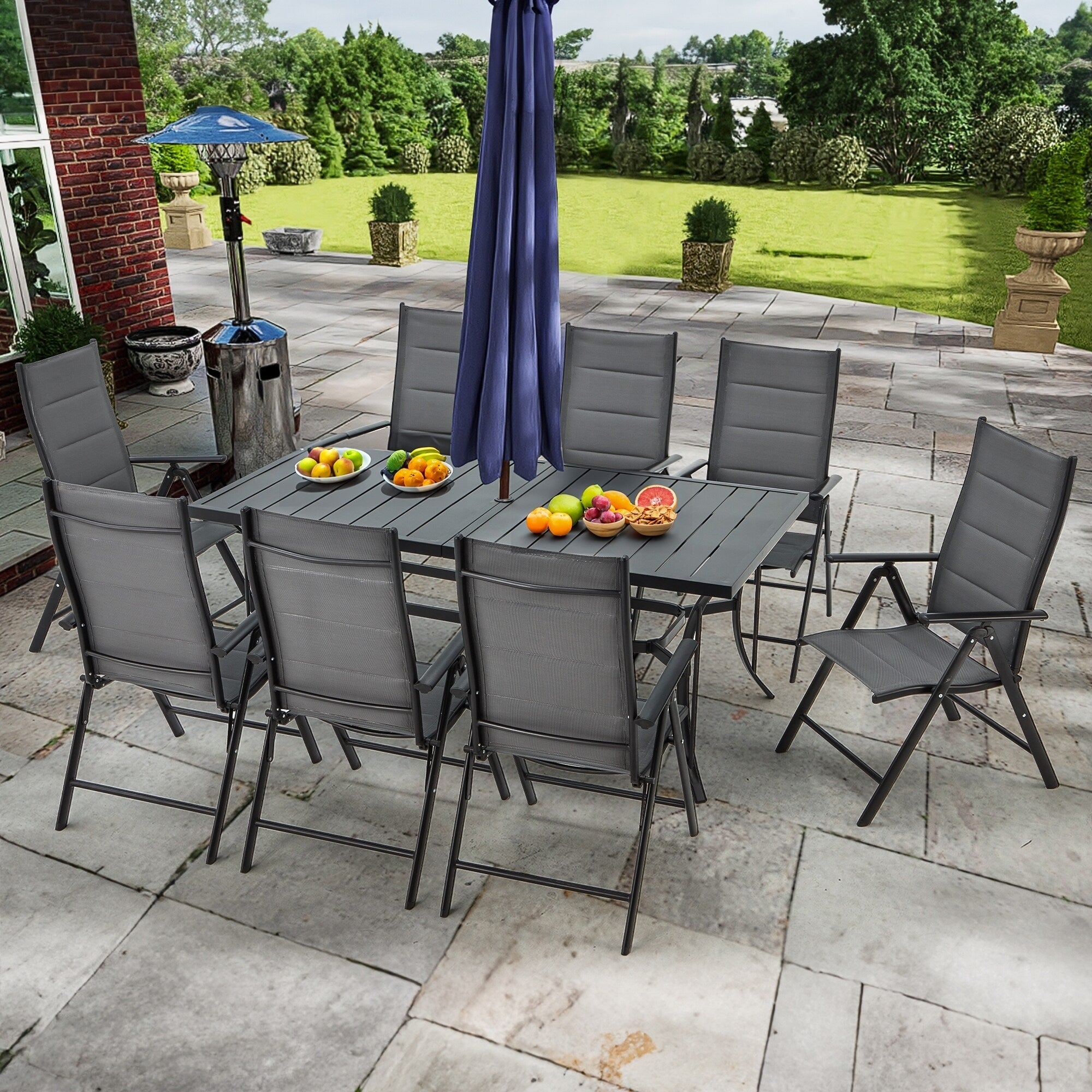 Ensemble de salle à manger de patio 7 pièces EROMMY avec chaises longues pliantes et table en aluminium, mobilier d'extérieur pour jardin, terrasse ou balcon.