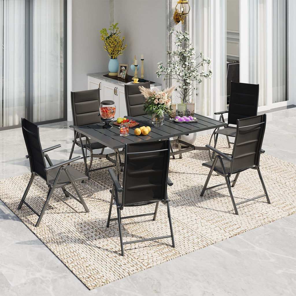 Ensemble de salle à manger de patio 7 pièces EROMMY avec chaises longues pliantes et table en aluminium, mobilier d'extérieur pour jardin, terrasse ou balcon.
