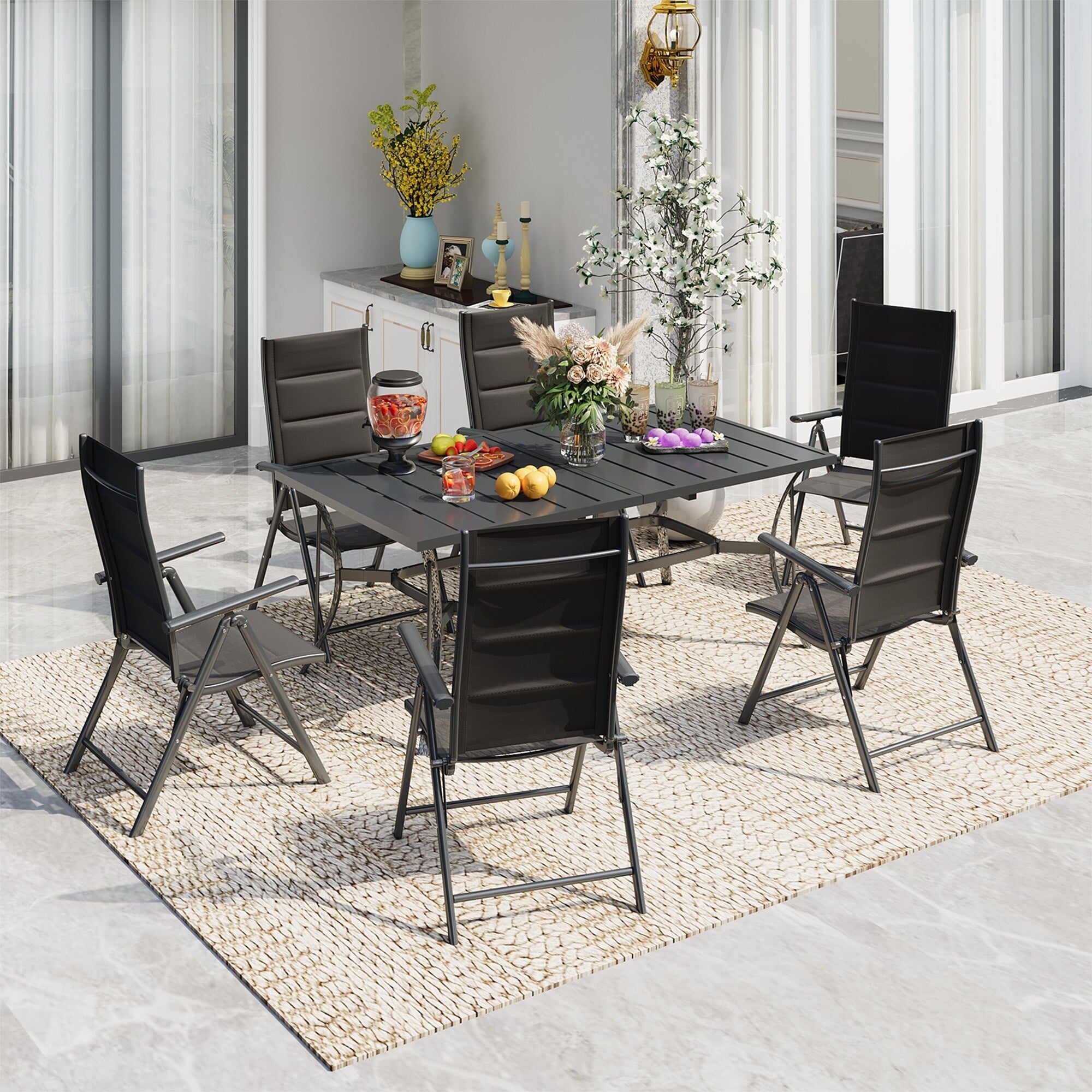 Ensemble de salle à manger de patio 7 pièces EROMMY avec chaises longues pliantes et table en aluminium, mobilier d'extérieur pour jardin, terrasse ou balcon.