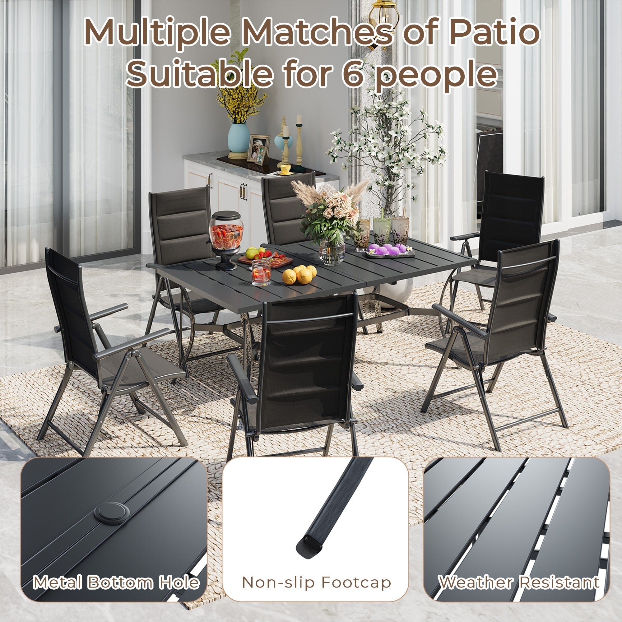 Ensemble de salle à manger de patio 7 pièces EROMMY avec chaises longues pliantes et table en aluminium, mobilier d'extérieur pour jardin, terrasse ou balcon.