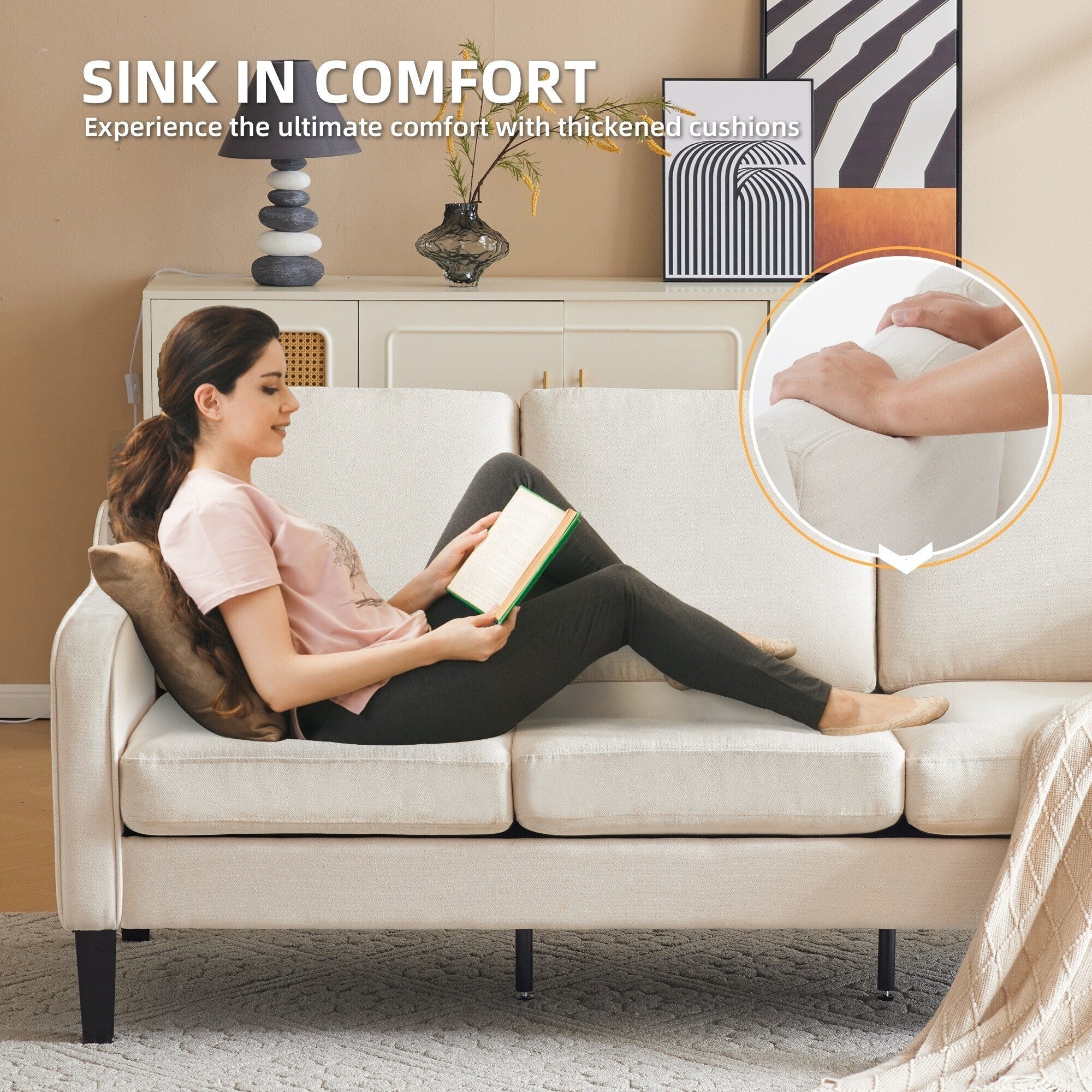 Canapé 3 places moderne en tissu EROMMY, canapé de salon ergonomique avec coussins lavables et pieds en bois massif, gris ou beige