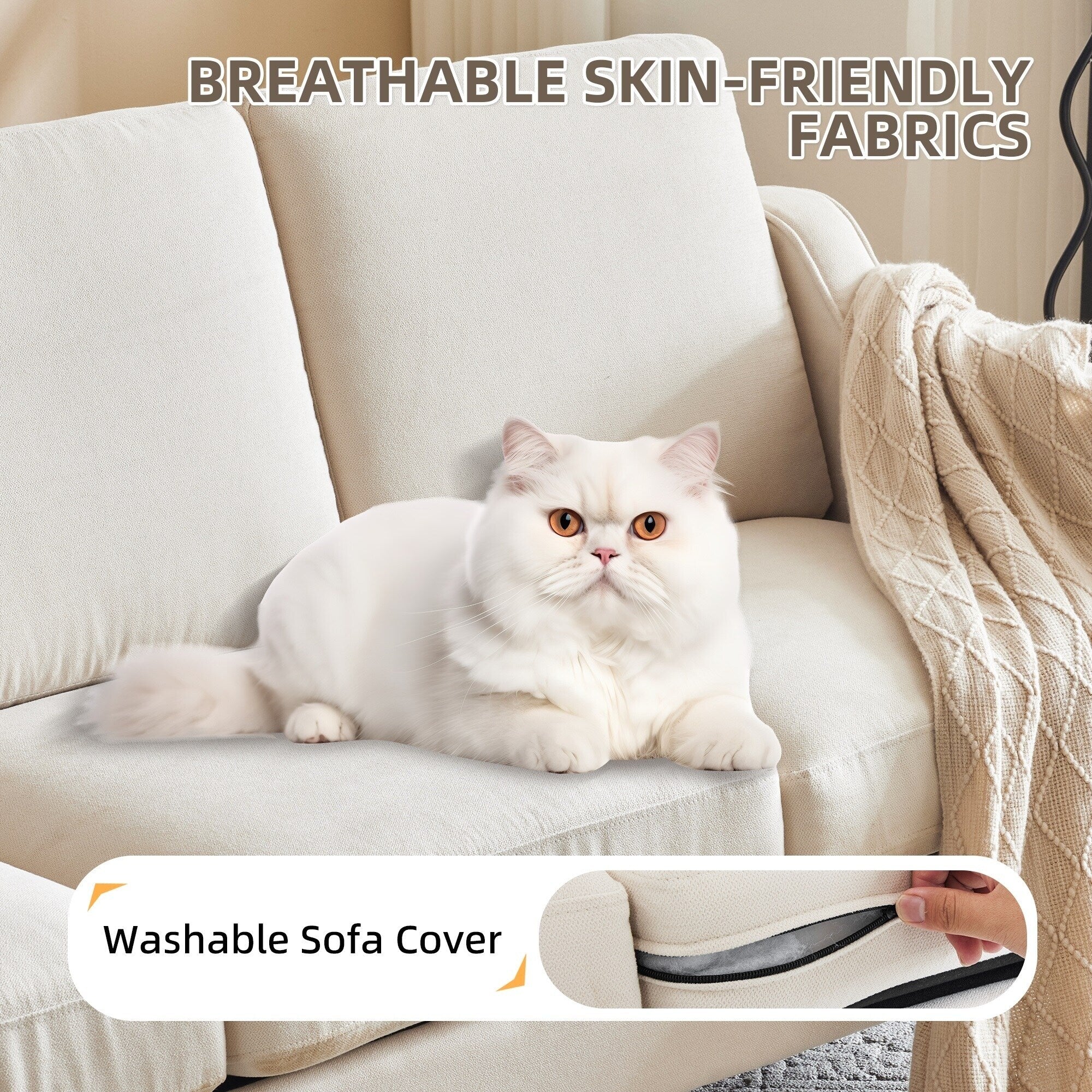 Canapé 3 places moderne en tissu EROMMY, canapé de salon ergonomique avec coussins lavables et pieds en bois massif, gris ou beige