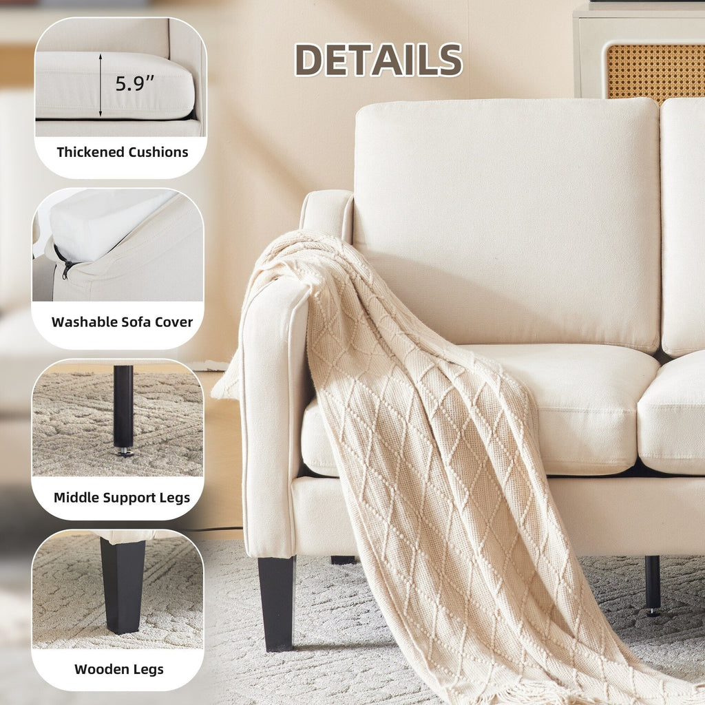 Canapé 3 places moderne en tissu EROMMY, canapé de salon ergonomique avec coussins lavables et pieds en bois massif, gris ou beige