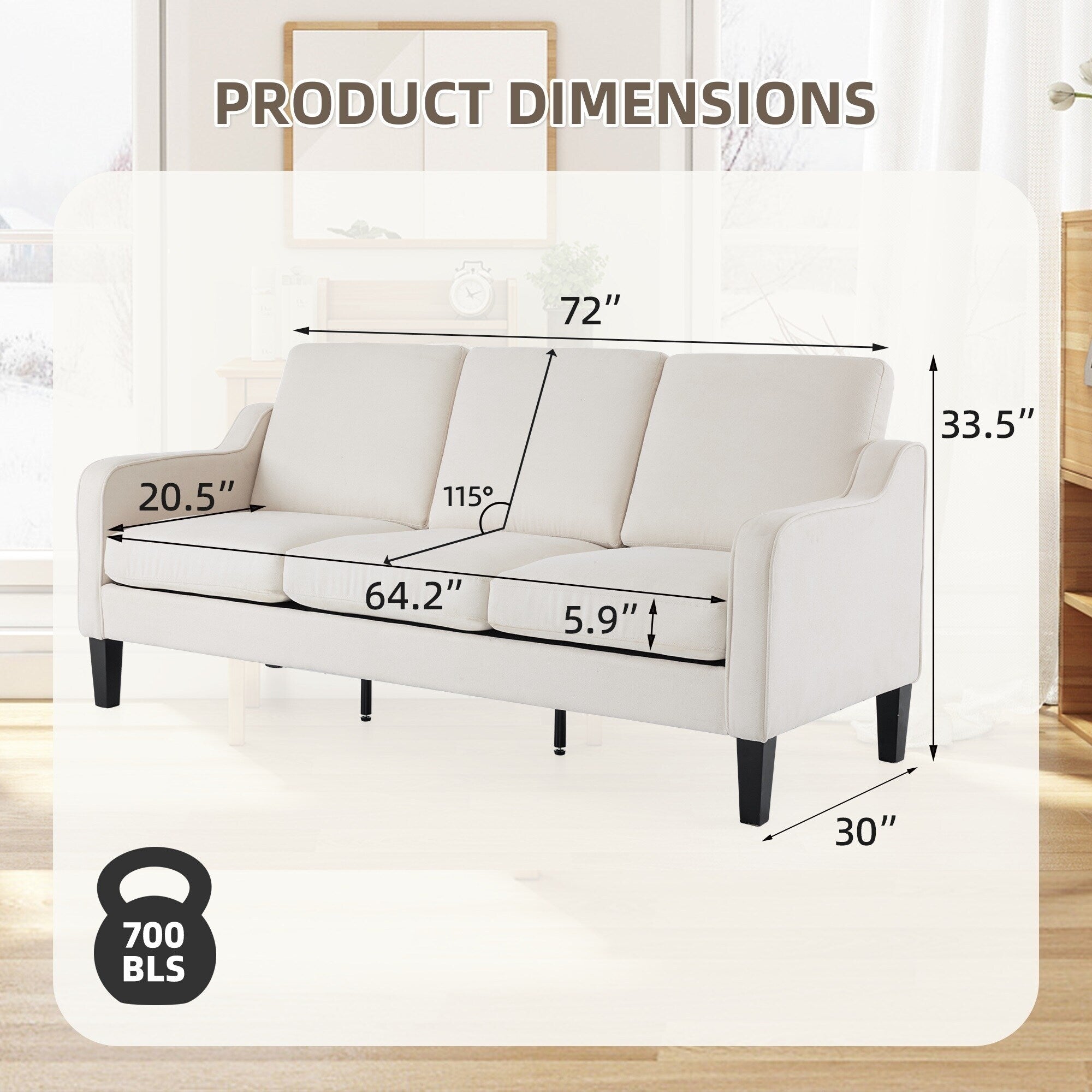 Canapé 3 places moderne en tissu EROMMY, canapé de salon ergonomique avec coussins lavables et pieds en bois massif, gris ou beige