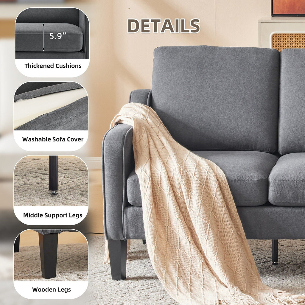 Canapé 3 places moderne en tissu EROMMY, canapé de salon ergonomique avec coussins lavables et pieds en bois massif, gris ou beige