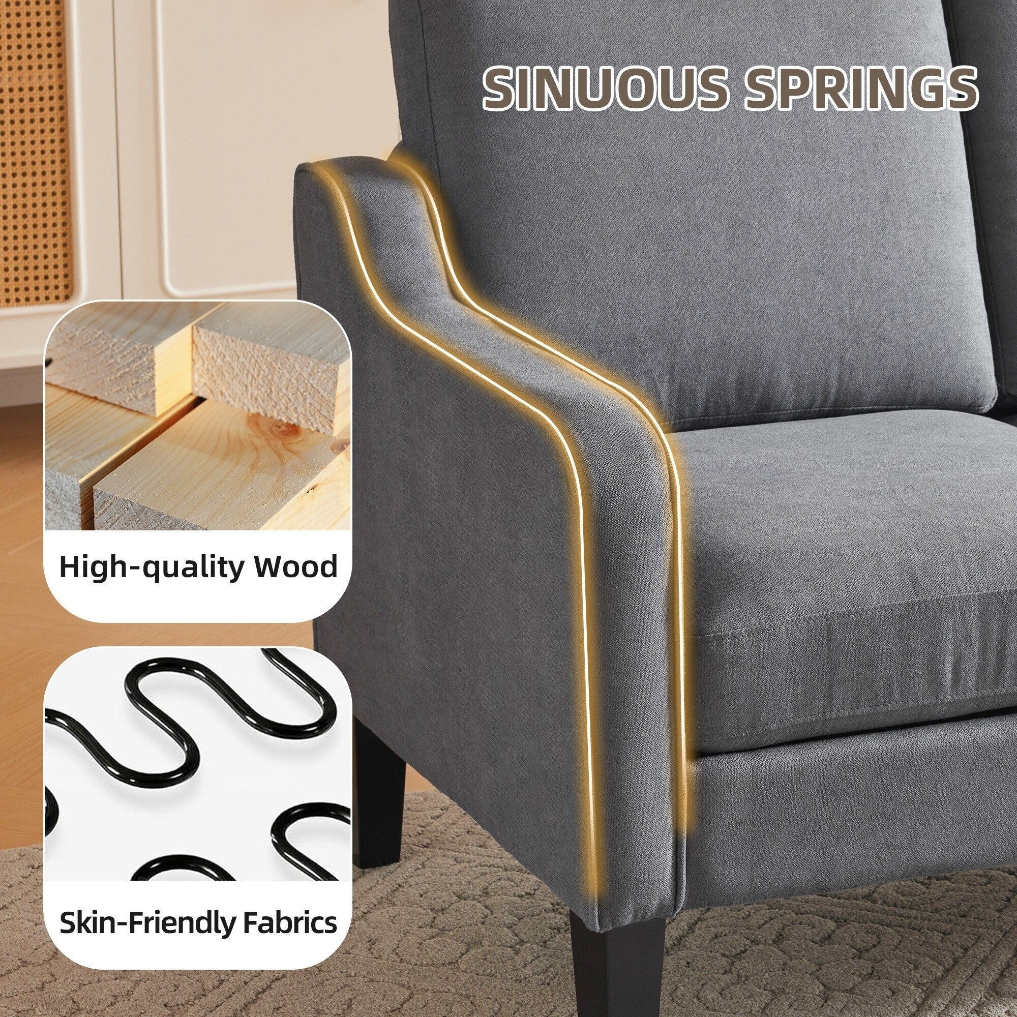 Canapé 3 places moderne en tissu EROMMY, canapé de salon ergonomique avec coussins lavables et pieds en bois massif, gris ou beige