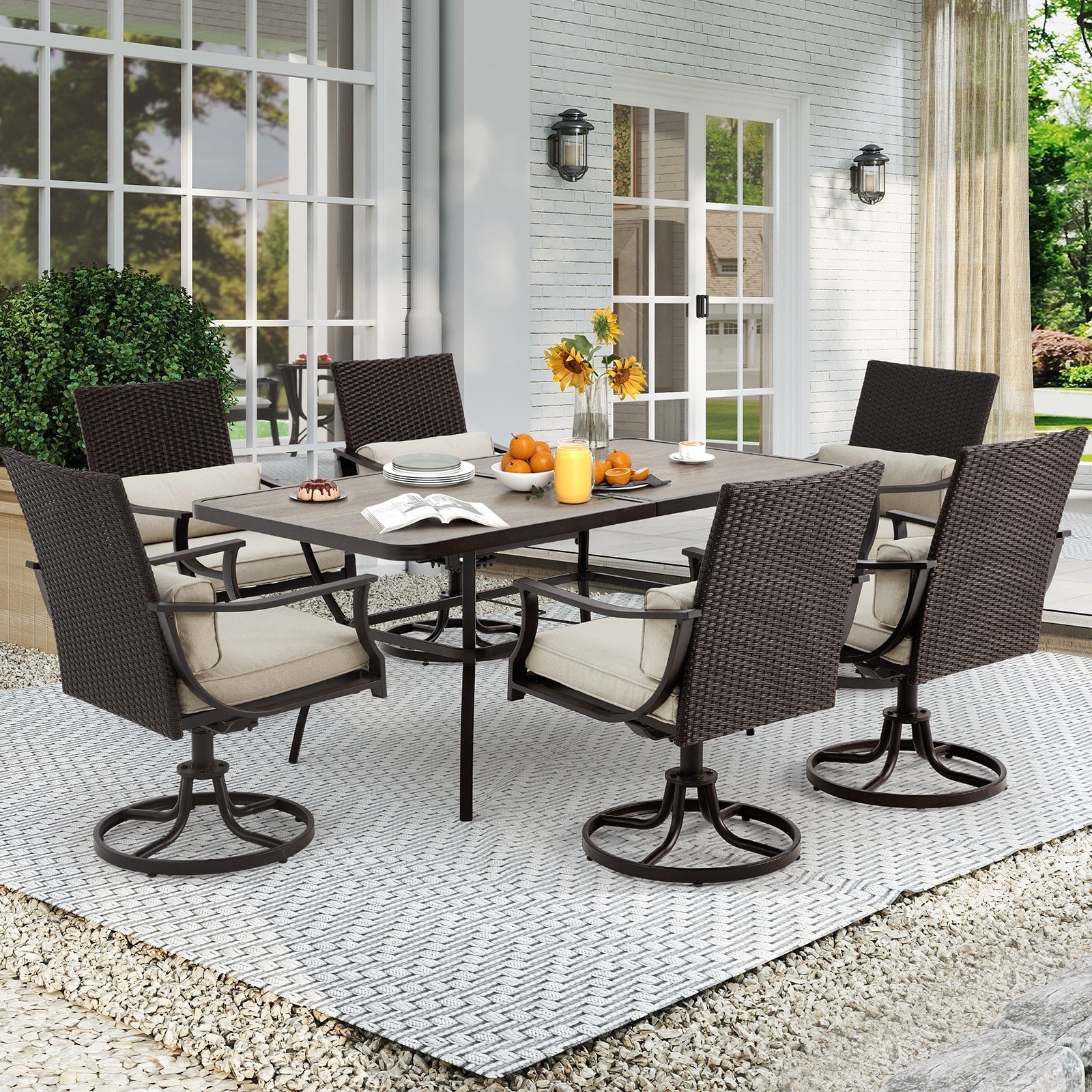 Ensemble de salle à manger d'extérieur EROMMY, chaises pivotantes à bascule, table rectangulaire avec trou pour parasol, ensemble de meubles de jardin pour jardin