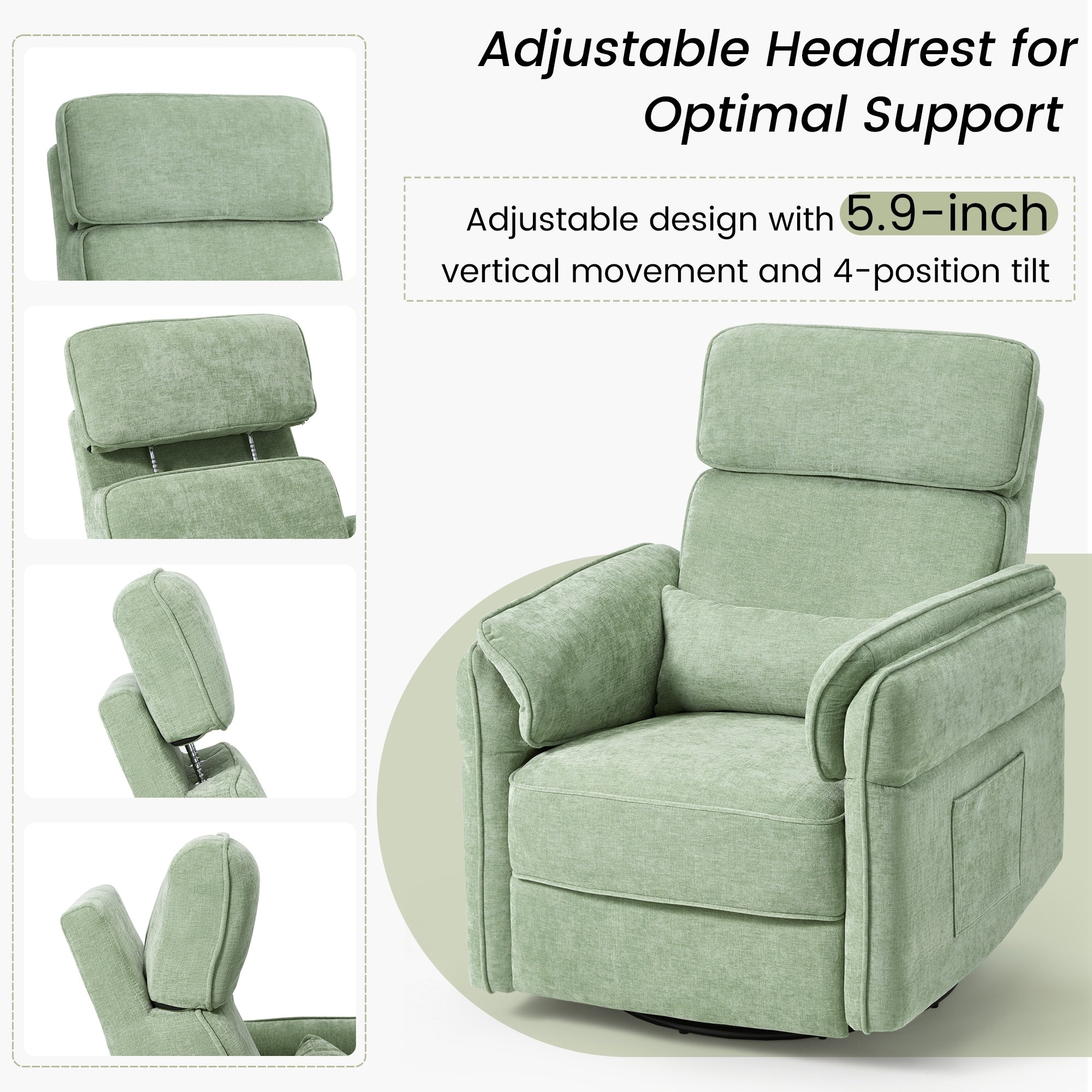 Fauteuil inclinable pivotant et électrique EROMMY avec appui-tête et accoudoirs réglables, chargement USB et Type-C, fauteuil inclinable pour chambre d'enfant