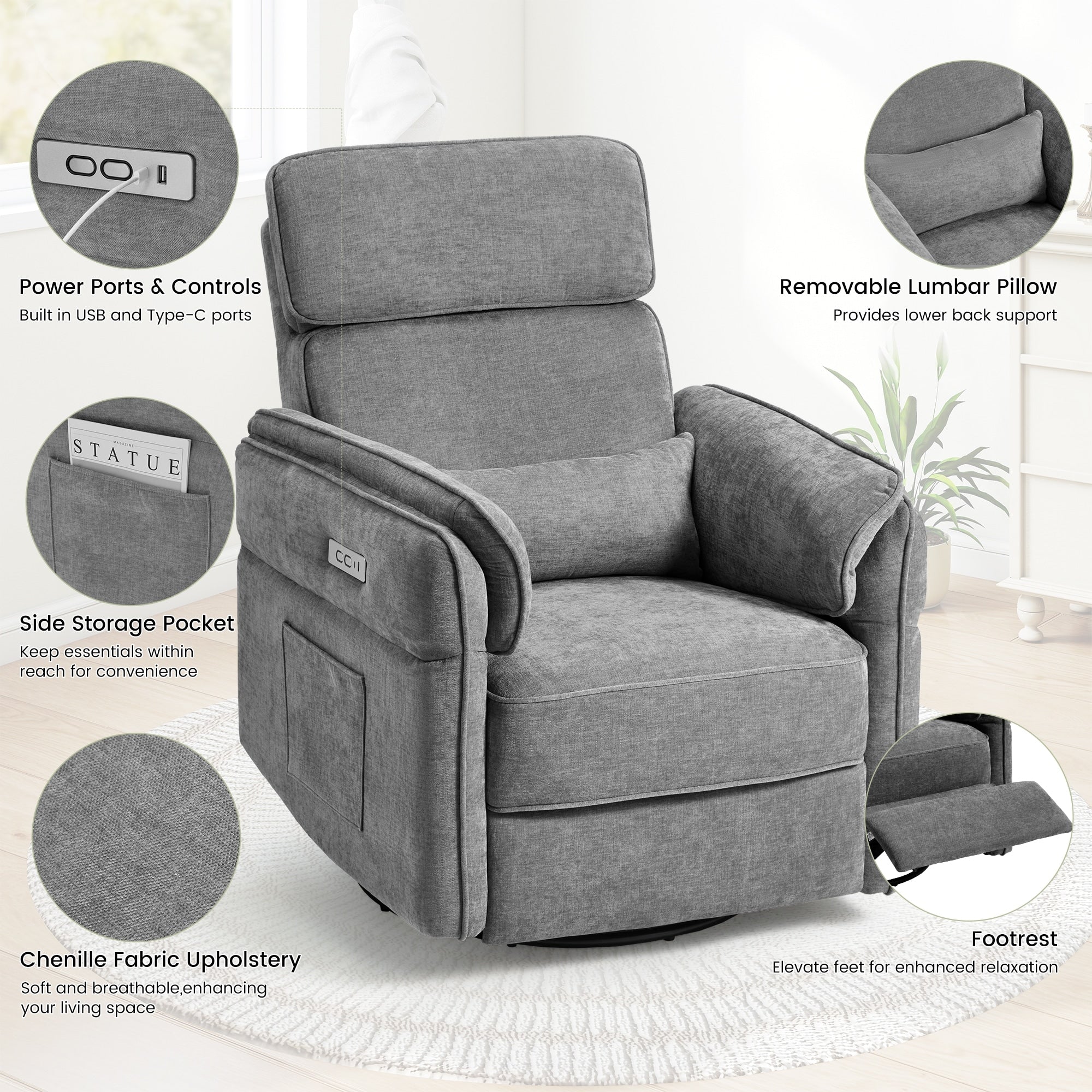 Fauteuil inclinable pivotant et électrique EROMMY avec appui-tête et accoudoirs réglables, chargement USB et Type-C, fauteuil inclinable pour chambre d'enfant