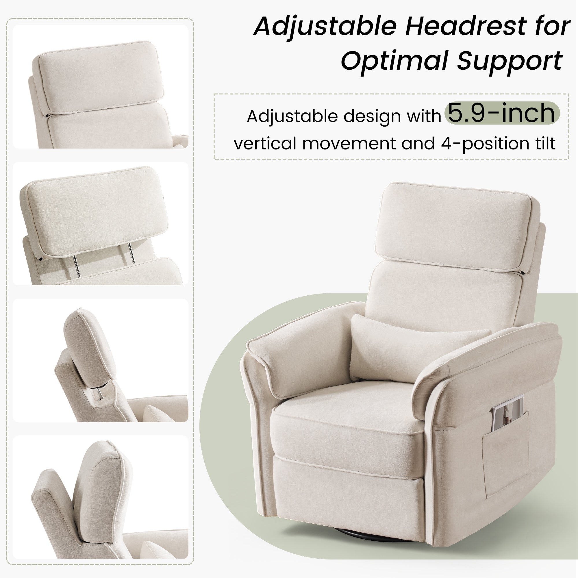 Fauteuil inclinable pivotant et électrique EROMMY avec appui-tête et accoudoirs réglables, chargement USB et Type-C, fauteuil inclinable pour chambre d'enfant